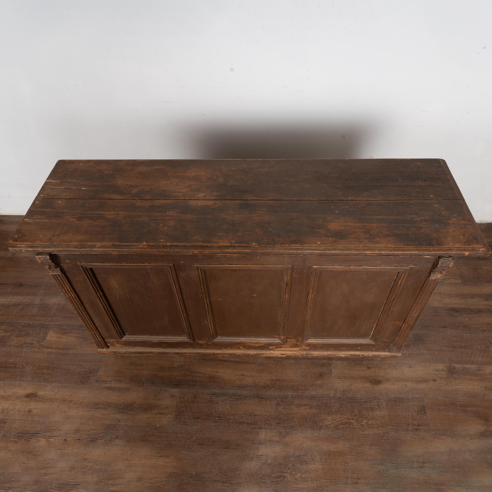 19th Century Brown Painted Shop Counter Cabinet Kitchen Island w/ Sliding Doors In Fair Condition In Round Top, TX