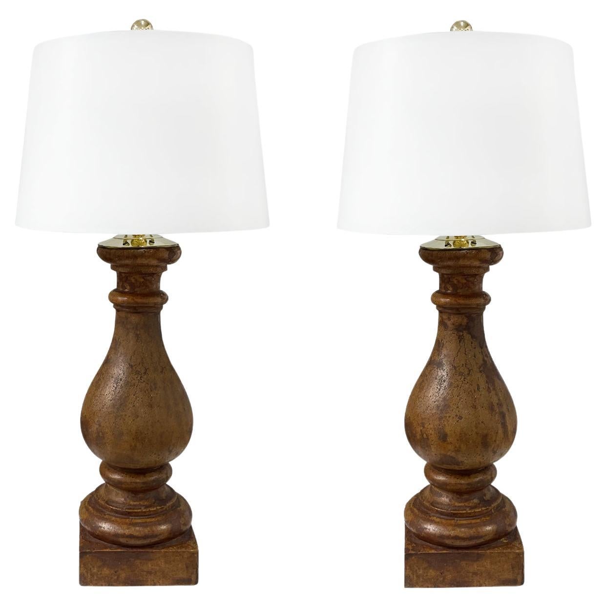 19th Century Brown-Red French Vintage Pair of Tall Pièrre Composée Table Lamps For Sale