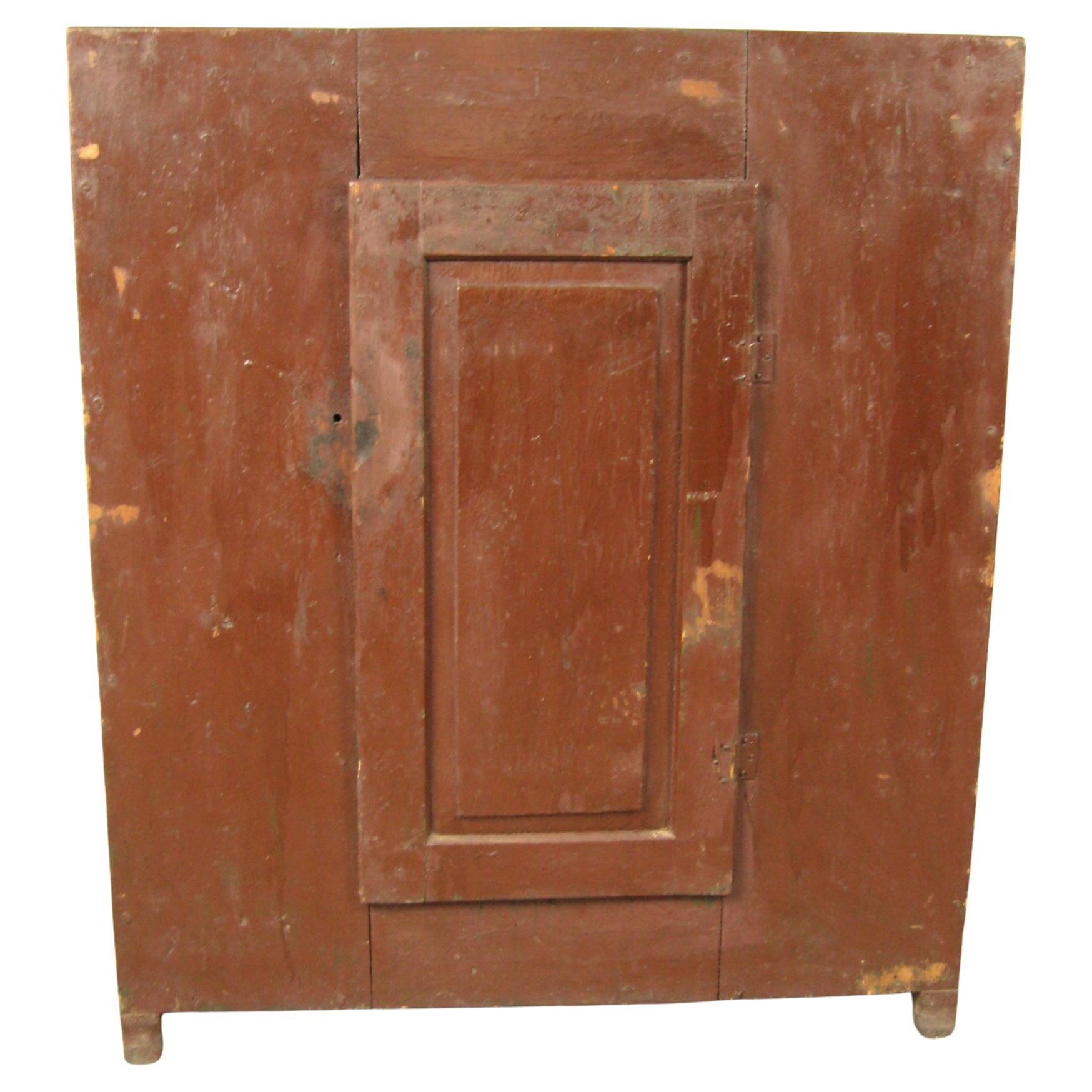 19th Century Brown / Red Primitive Blind 1 door painted cupboard For Sale