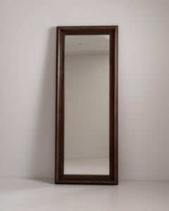 19th Century Brown Wood Floor Mirror, French Glass Detailing, Antique