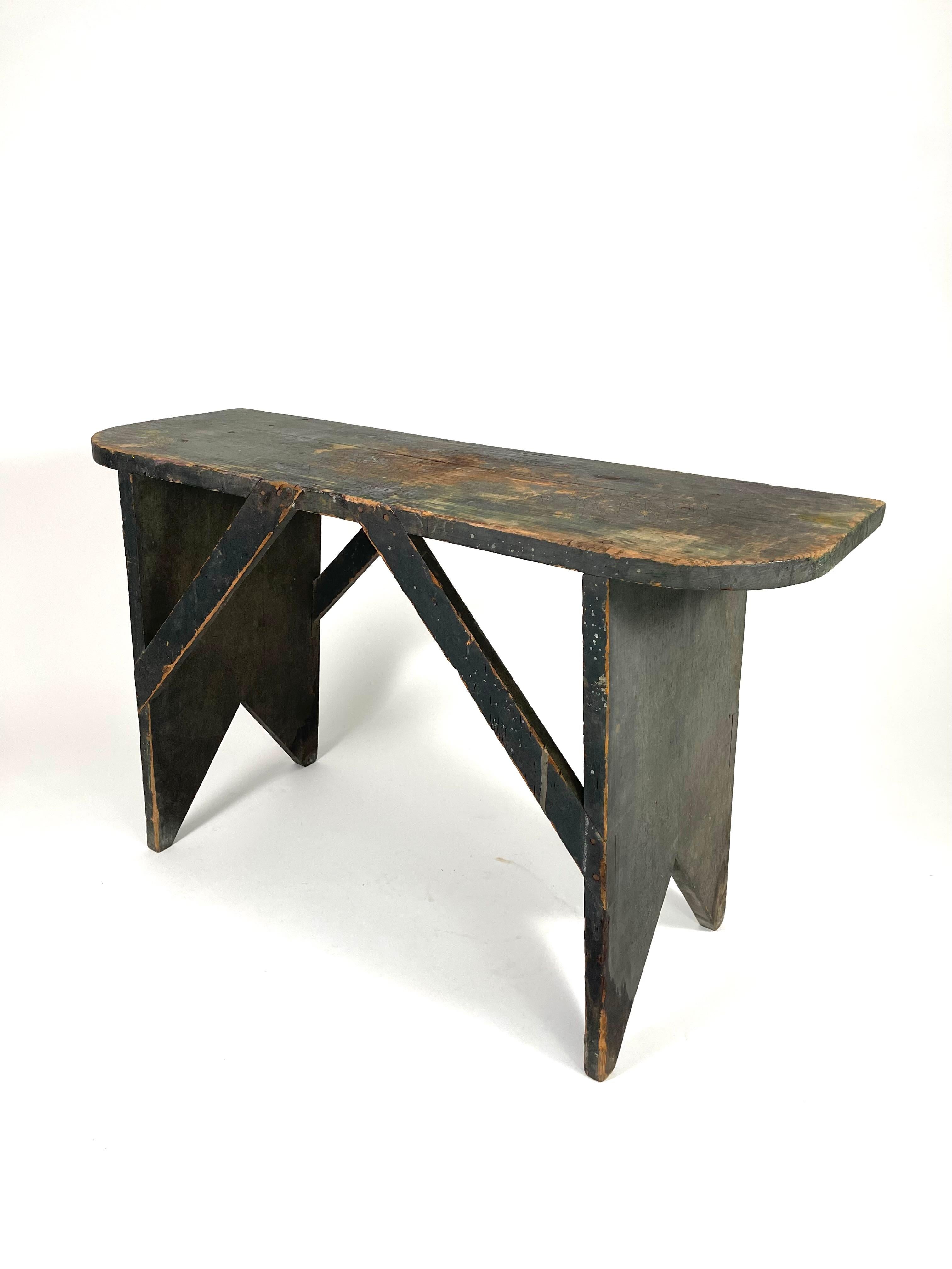 19th Century Bucket Bench or Table in Old Green Paint 4