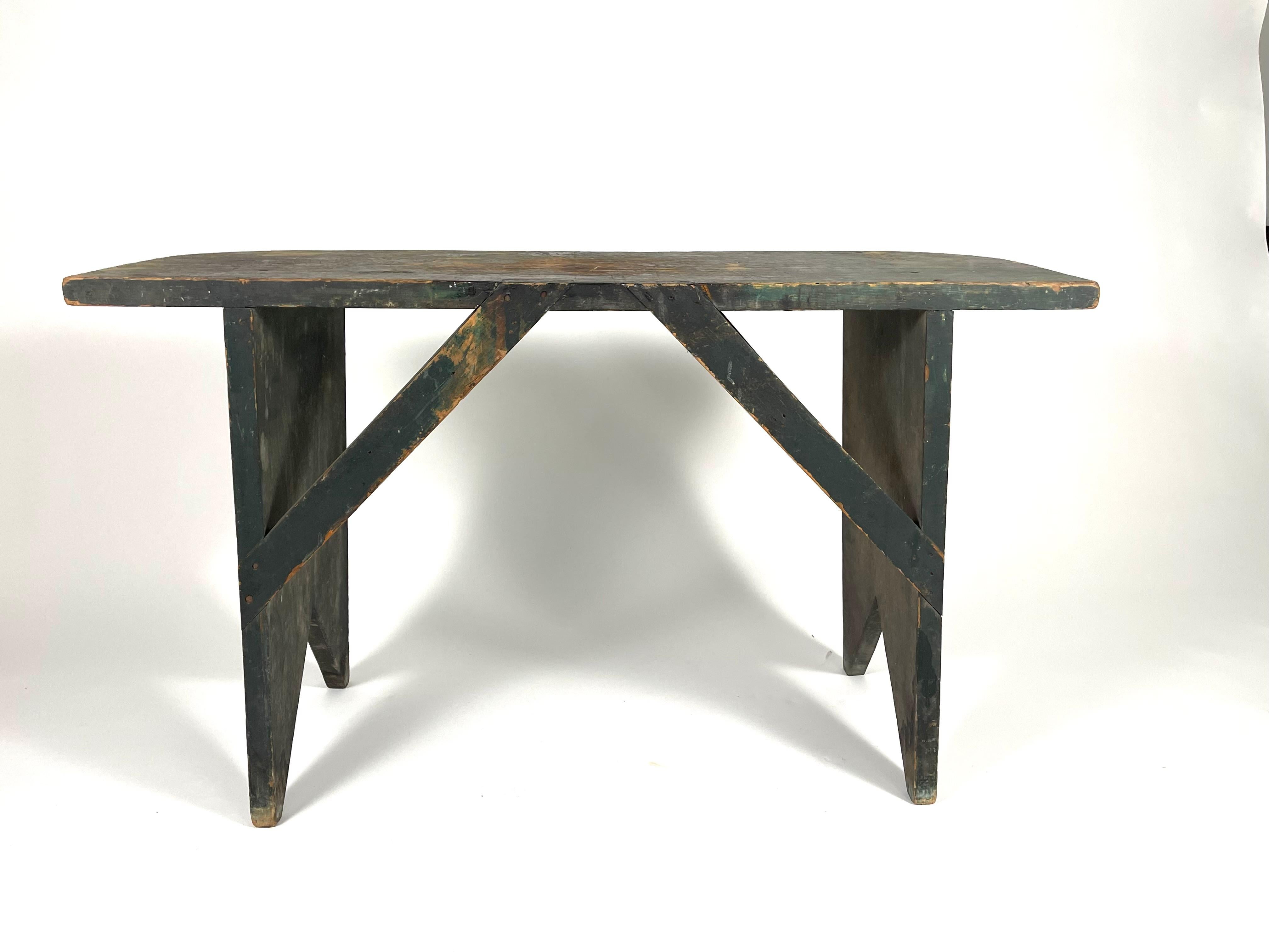 19th Century Bucket Bench or Table in Old Green Paint 2