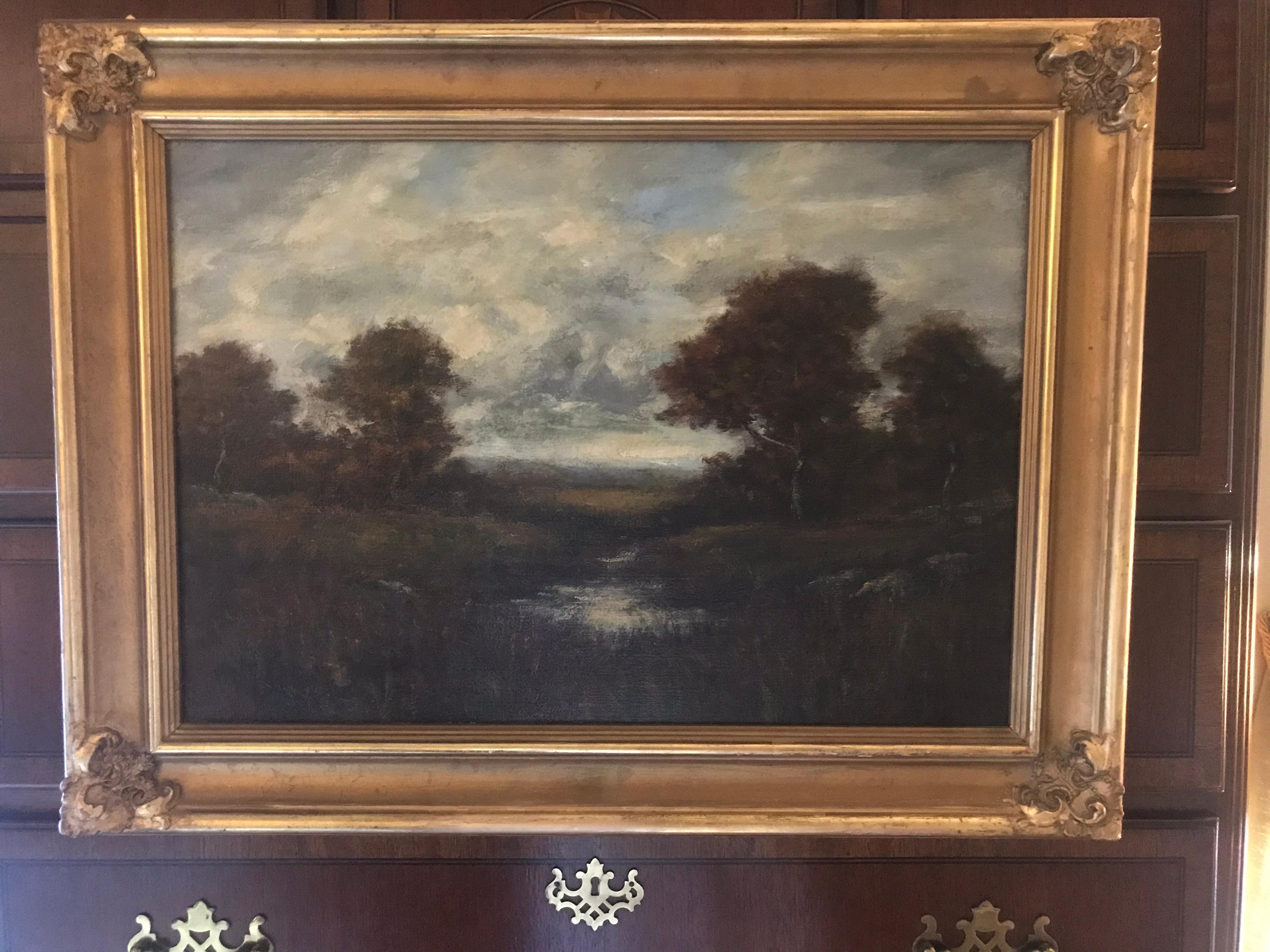 An oil on canvas in antique gilt wood frame by Alexander Helwig Wyant. This painting has been re-stretched with a laminated back for stability. Signed on the lower right.

Alexander Helwig Wyant (January 11, 1836 – November 29, 1892) was an