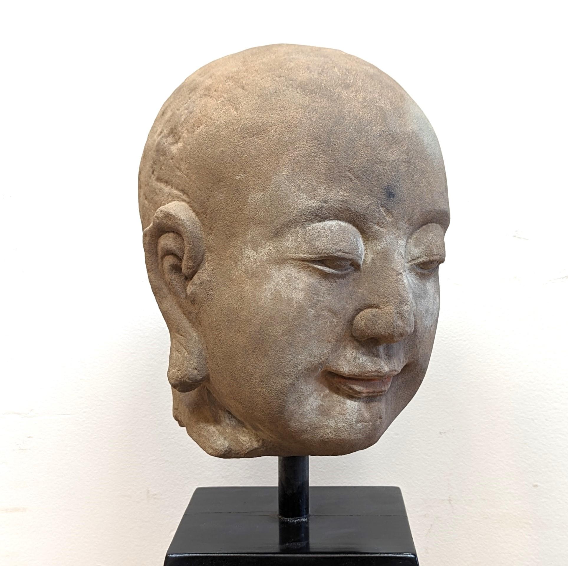 Qing 19th Century Buddhist Head Sculpture Sandstone  For Sale