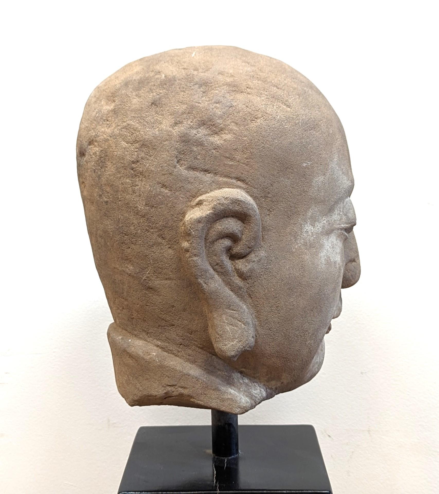 Chinese 19th Century Buddhist Head Sculpture Sandstone  For Sale