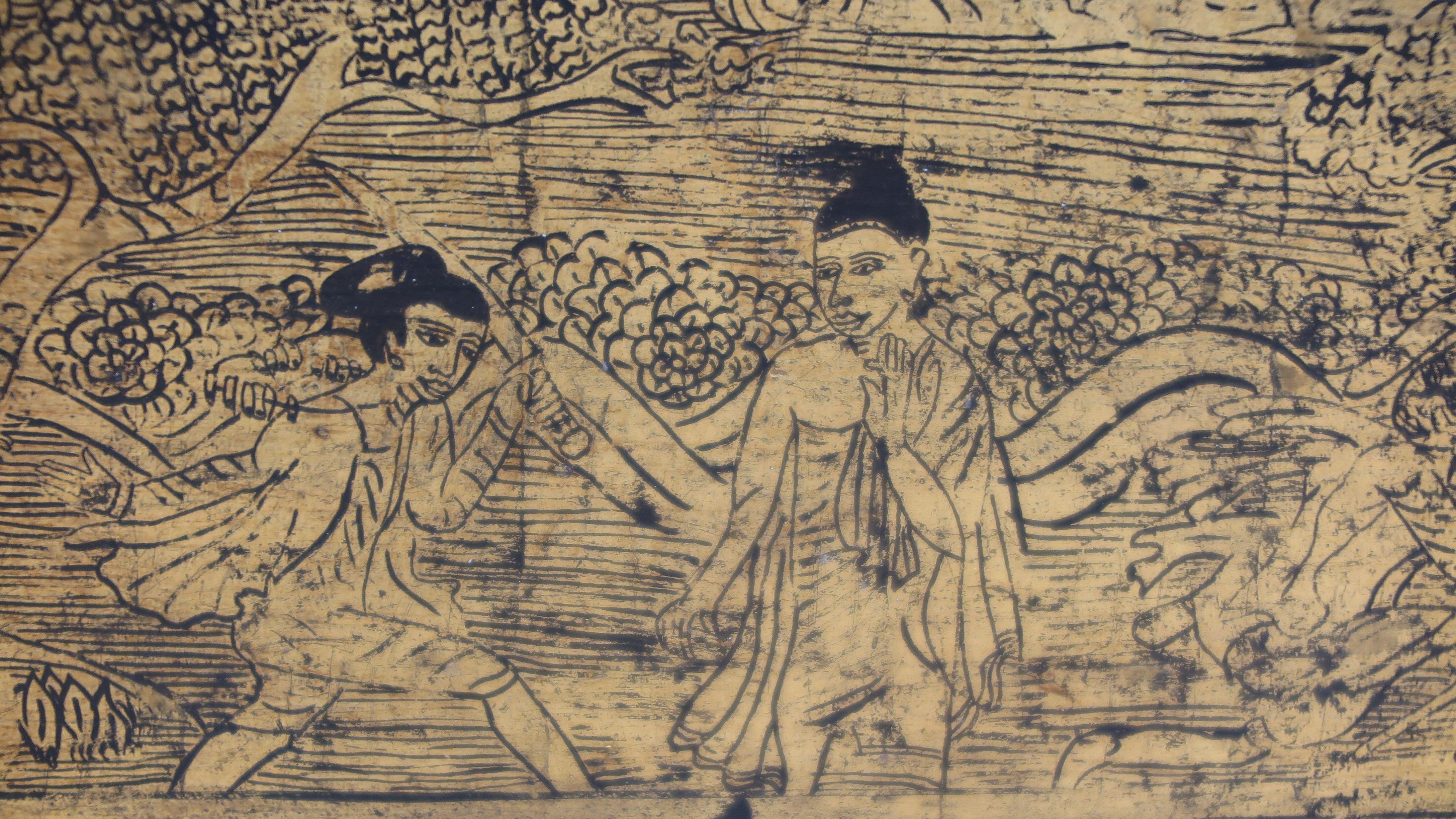Un baúl - cofre para manuscritos budistas del siglo XIX.  Antigua Arqueta Sadaik Birmana del Periodo Mandalay.  Antaño se utilizaba para guardar textos budistas y objetos de práctica devocional.  Maravillosamente decorada en dorado sobre negro con