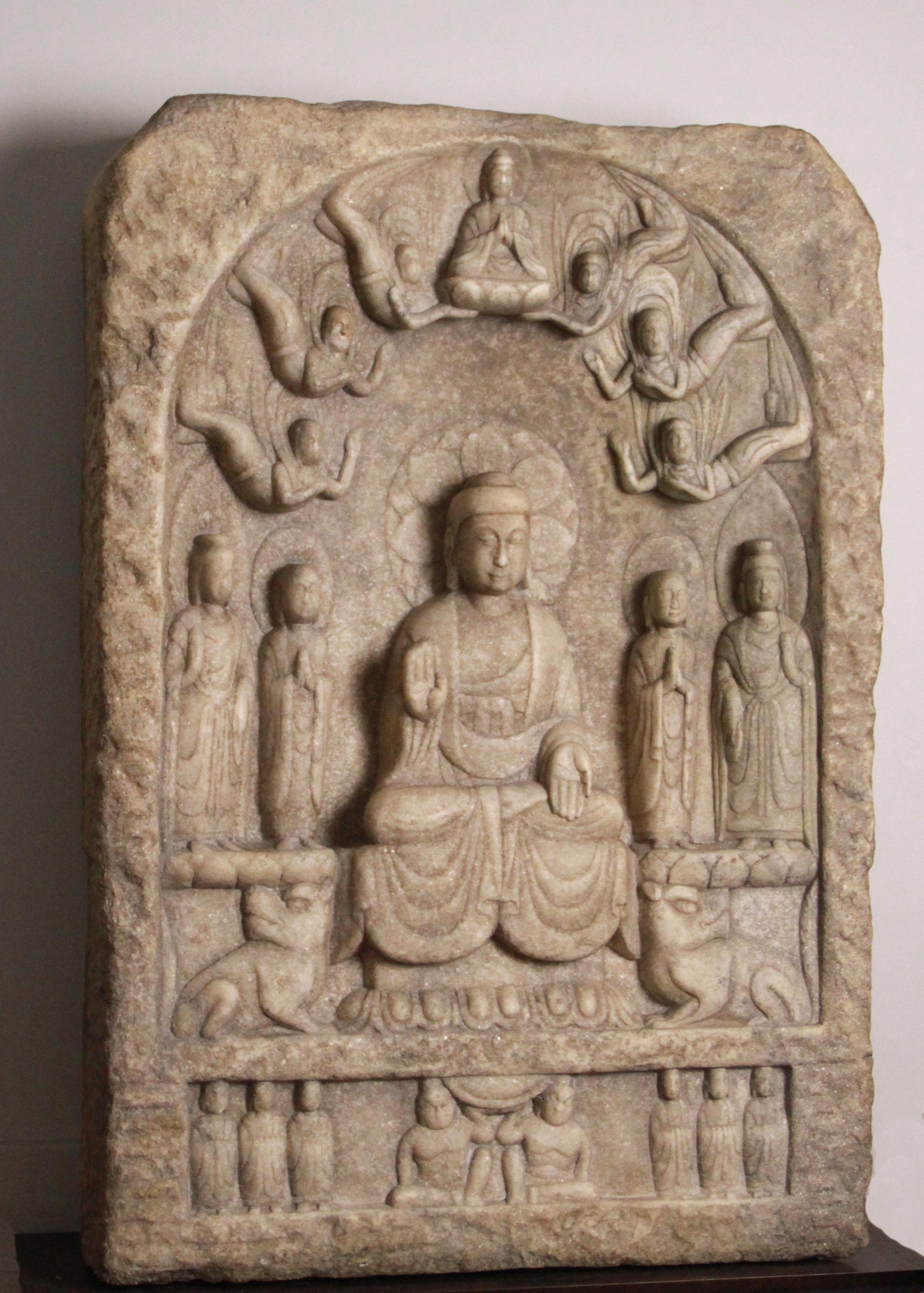 Hand-Carved 19th Century Buddhist Stele in Marble from Hebei Province, China w/Custom Stand For Sale