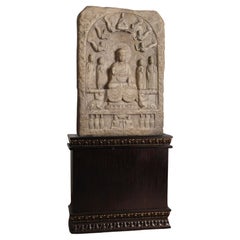 19th Century Buddhist Stele in Marble from Hebei Province, China with Stand