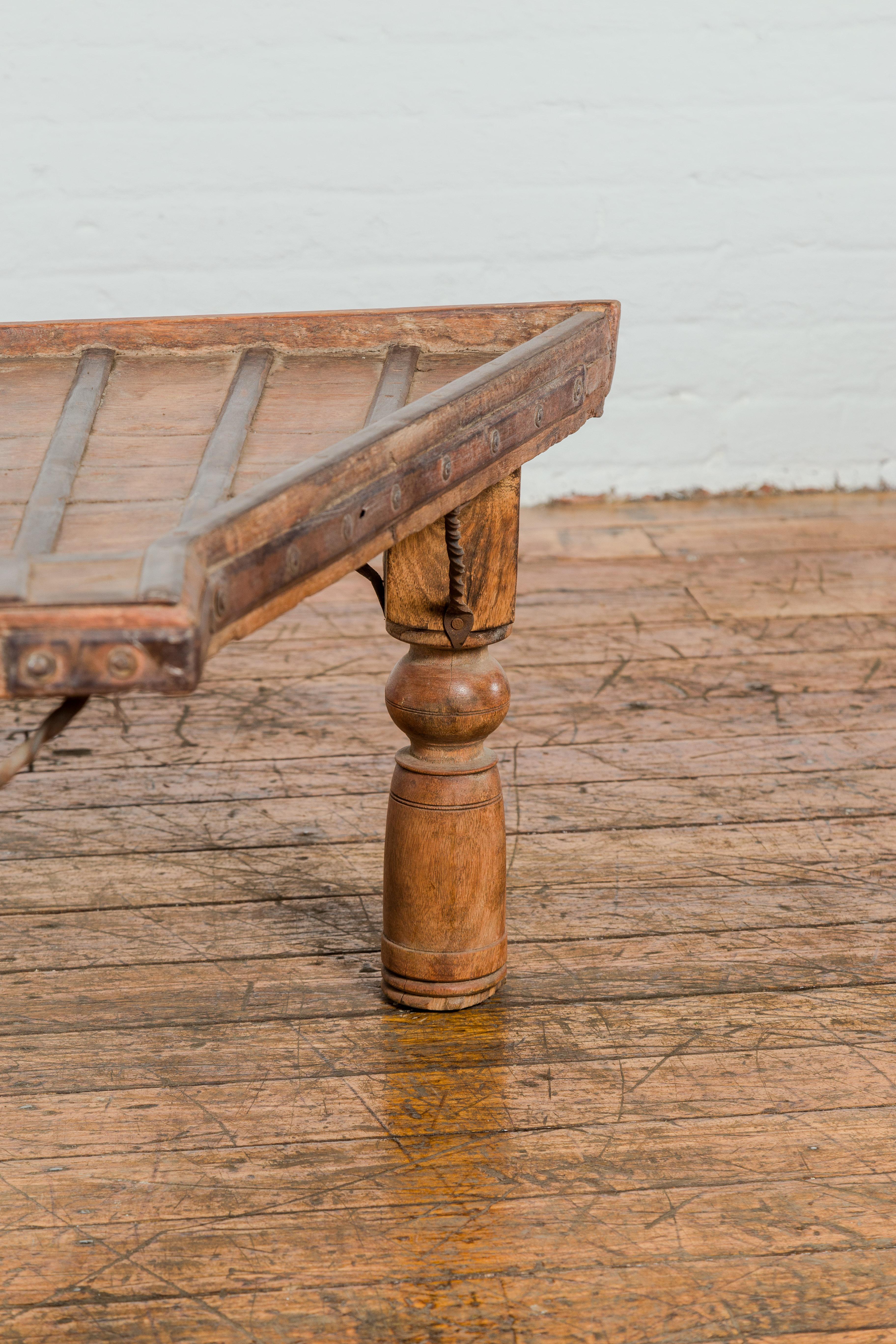 19th Century Bullock Cart Rustic Coffee Table with Twisted Iron Stretchers For Sale 4