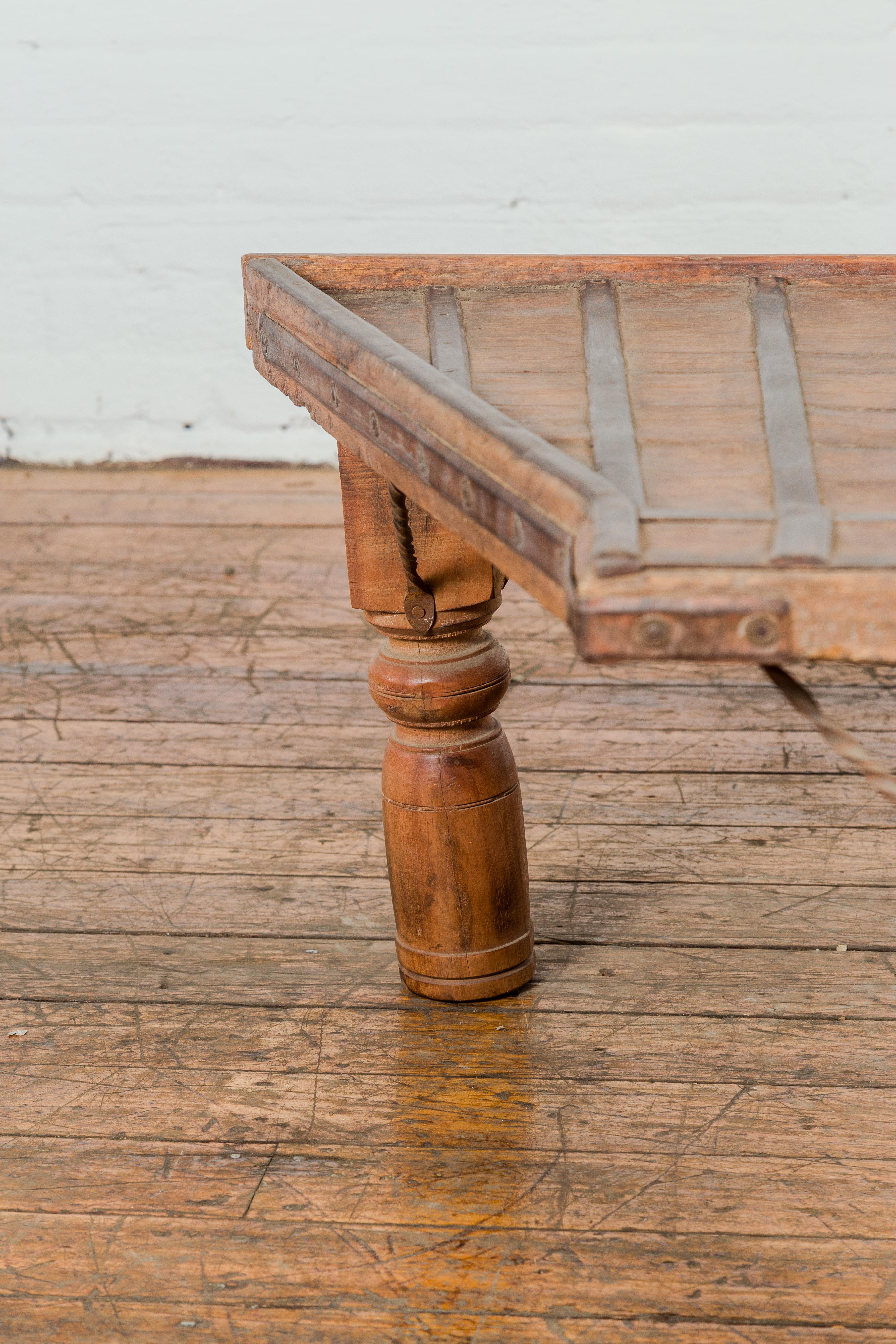 19th Century Bullock Cart Rustic Coffee Table with Twisted Iron Stretchers For Sale 7