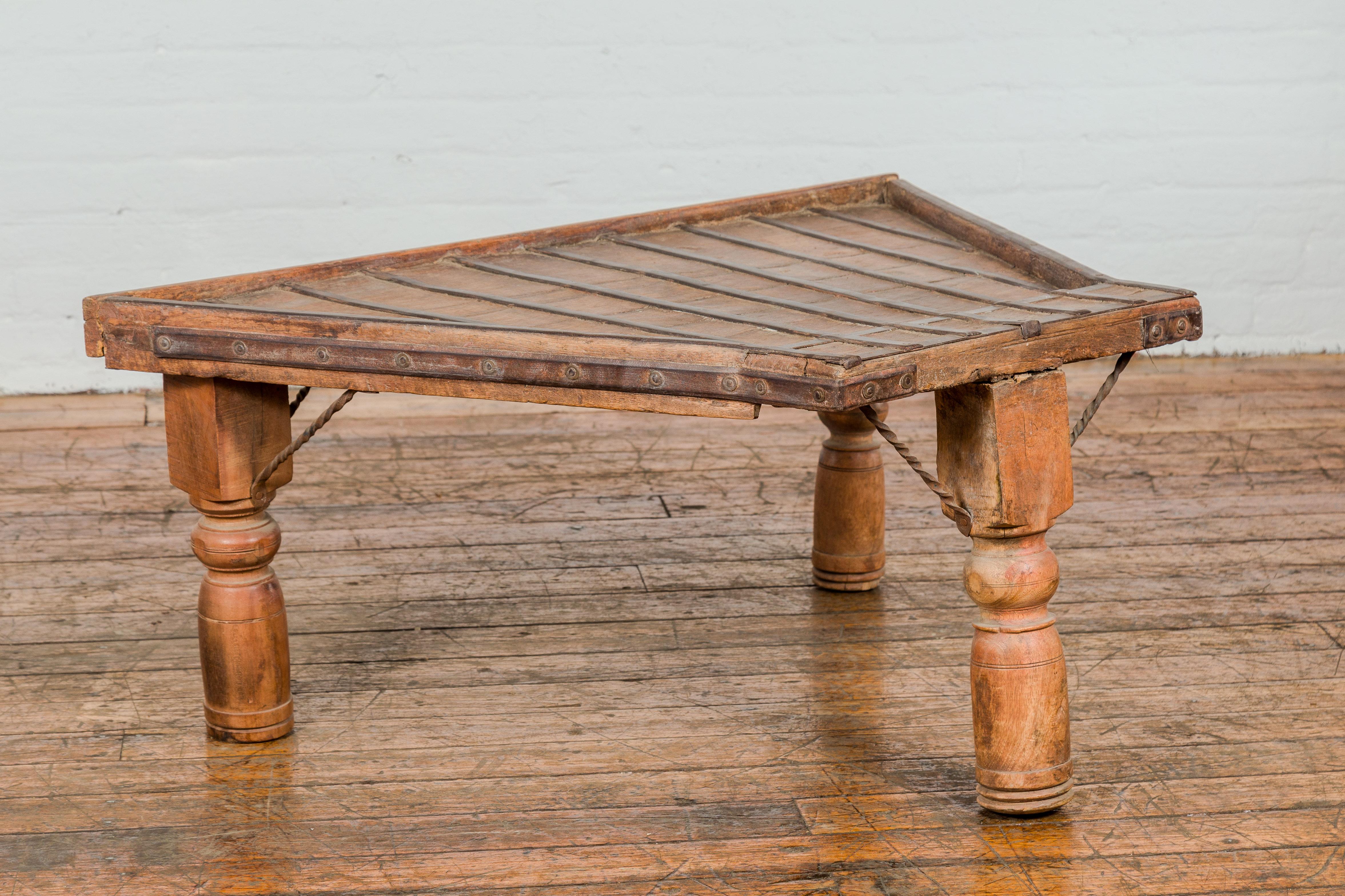 19th Century Bullock Cart Rustic Coffee Table with Twisted Iron Stretchers For Sale 9