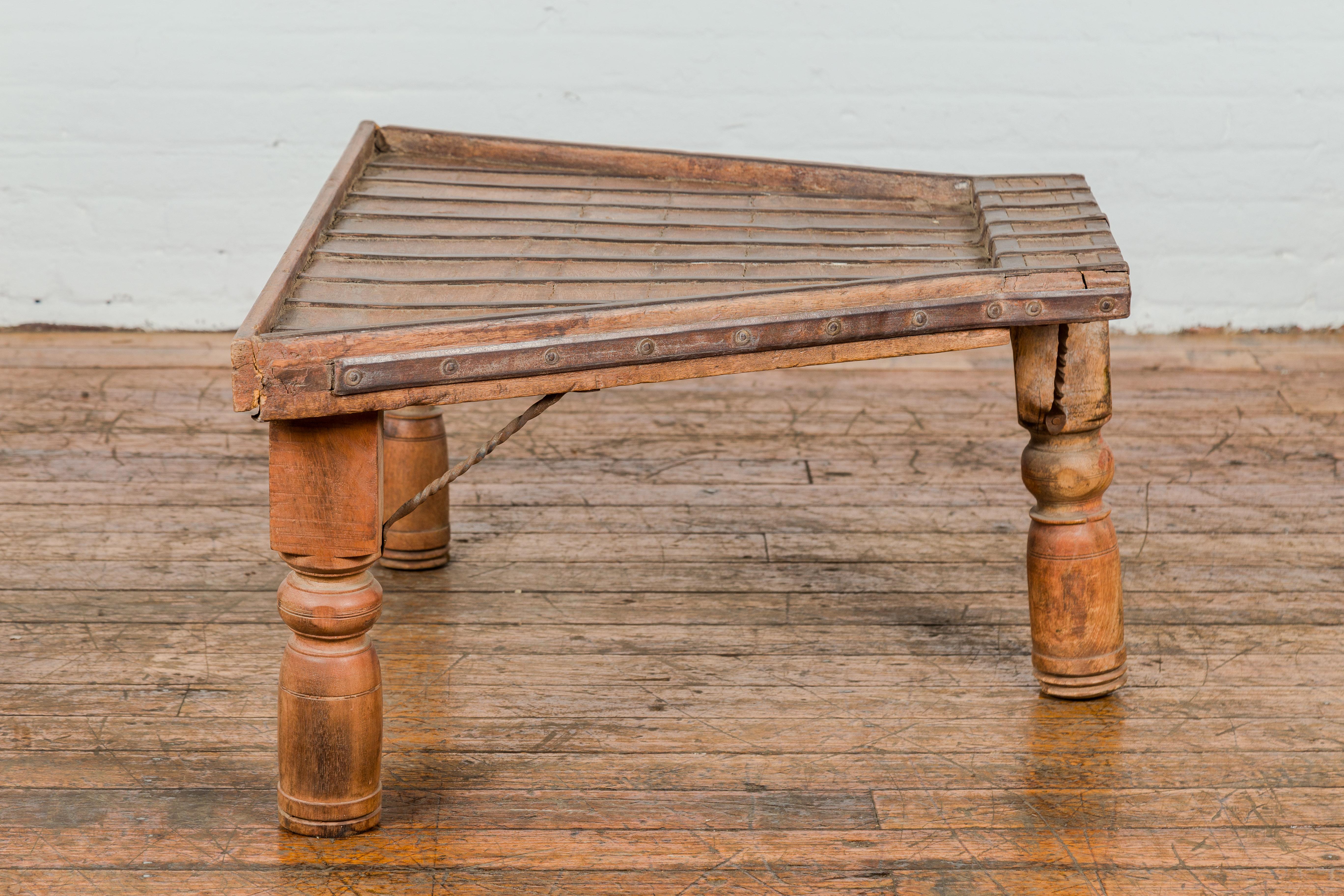 19th Century Bullock Cart Rustic Coffee Table with Twisted Iron Stretchers For Sale 10