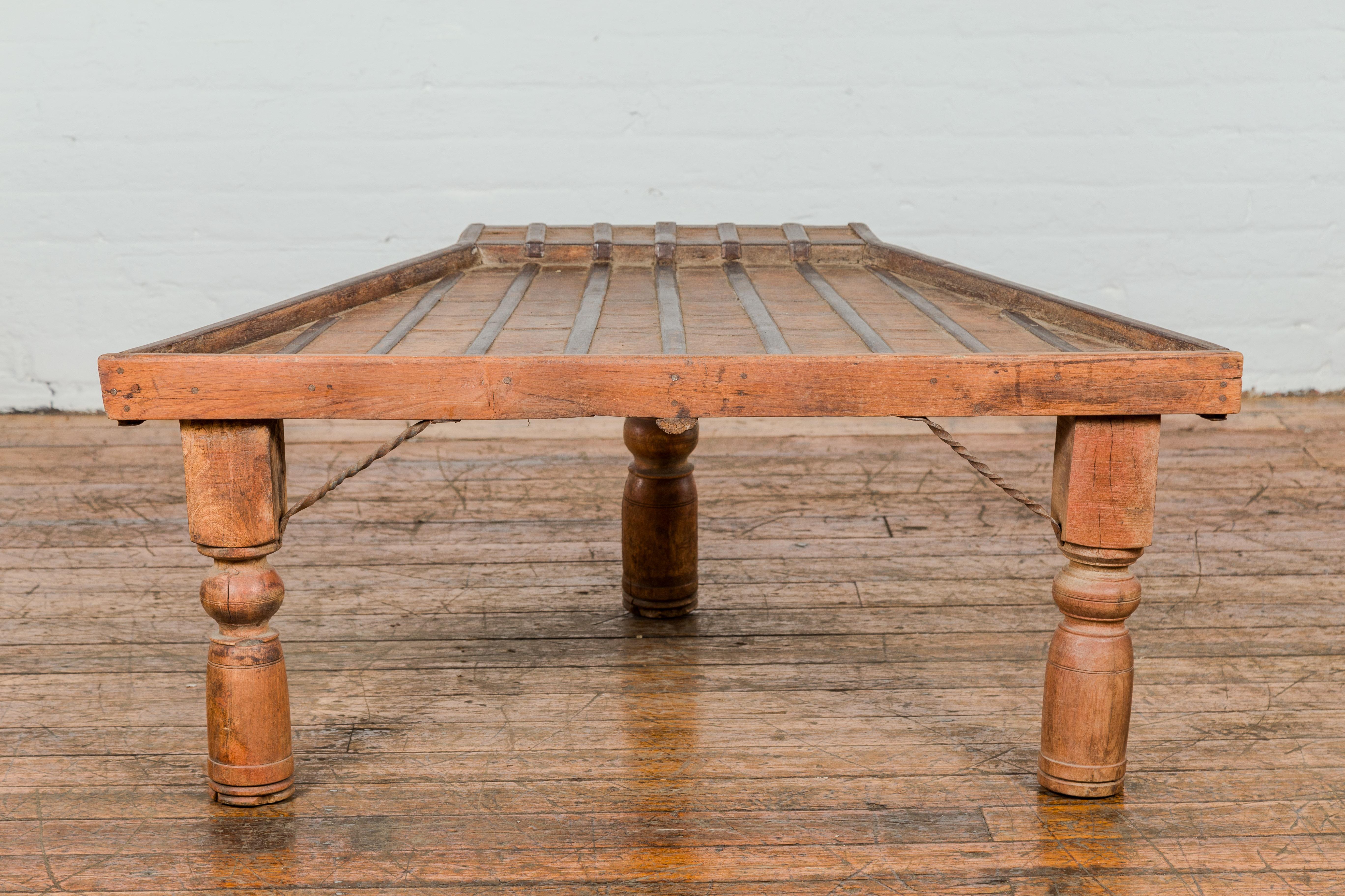 19th Century Bullock Cart Rustic Coffee Table with Twisted Iron Stretchers For Sale 11