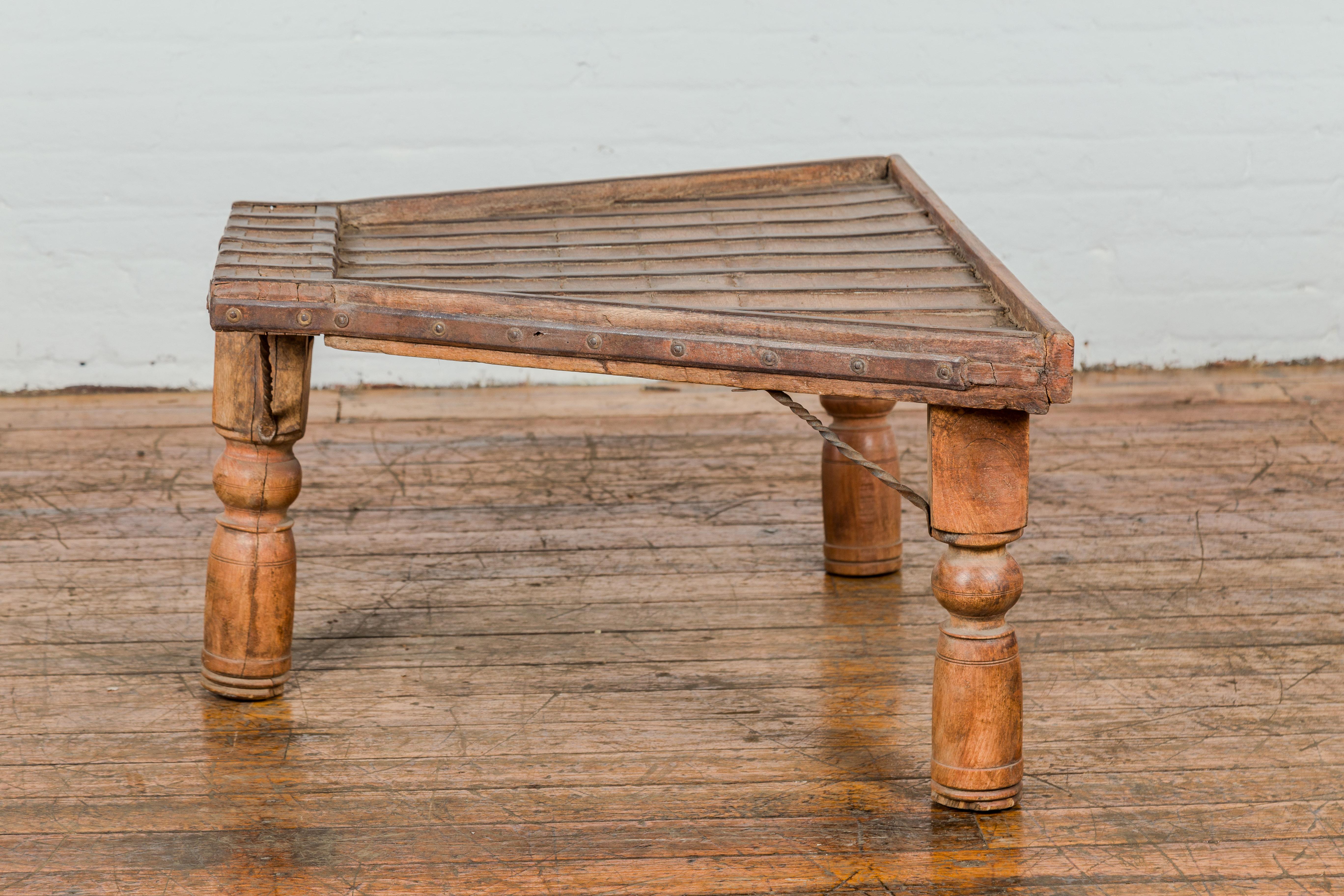 19th Century Bullock Cart Rustic Coffee Table with Twisted Iron Stretchers For Sale 12