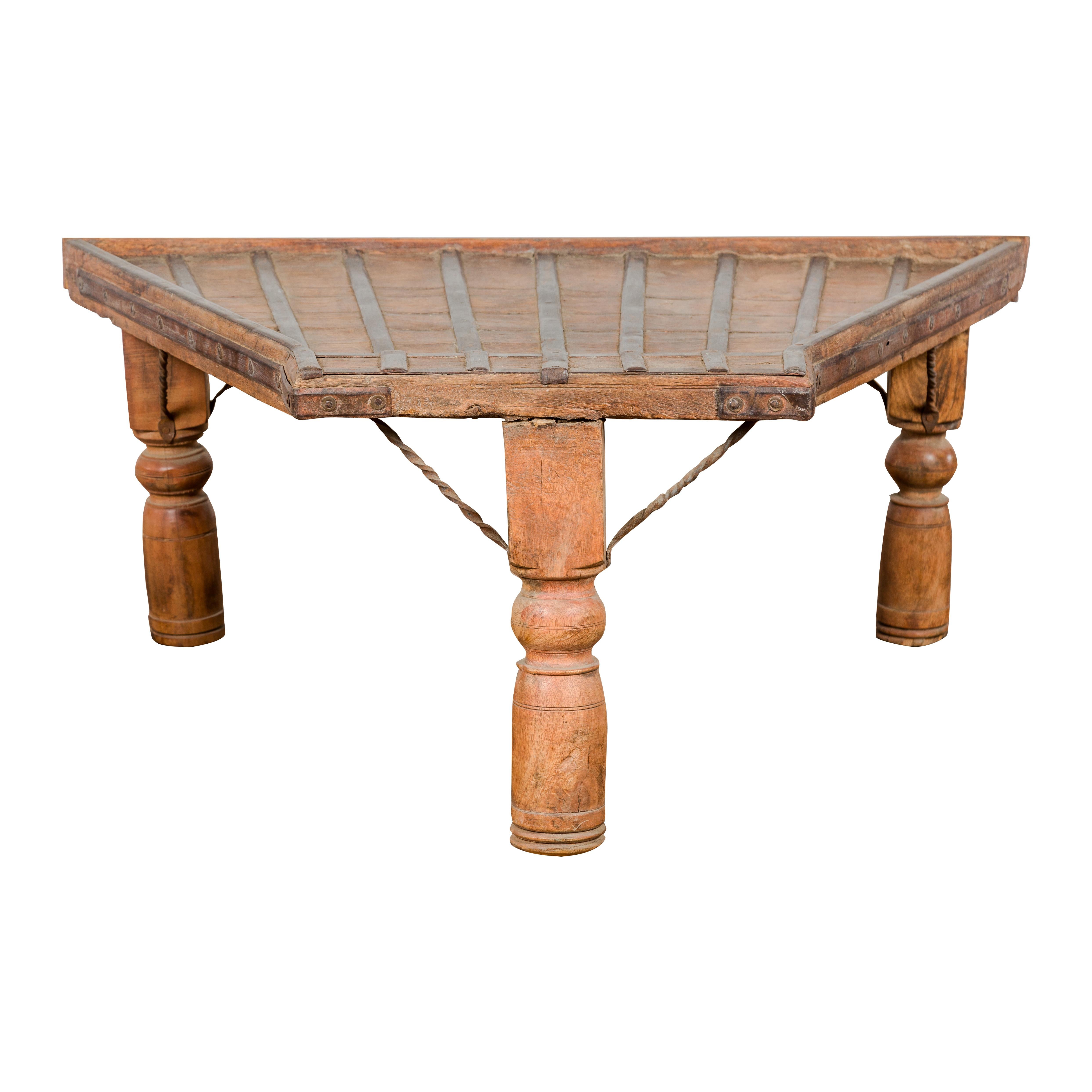 19th Century Bullock Cart Rustic Coffee Table with Twisted Iron Stretchers For Sale 11