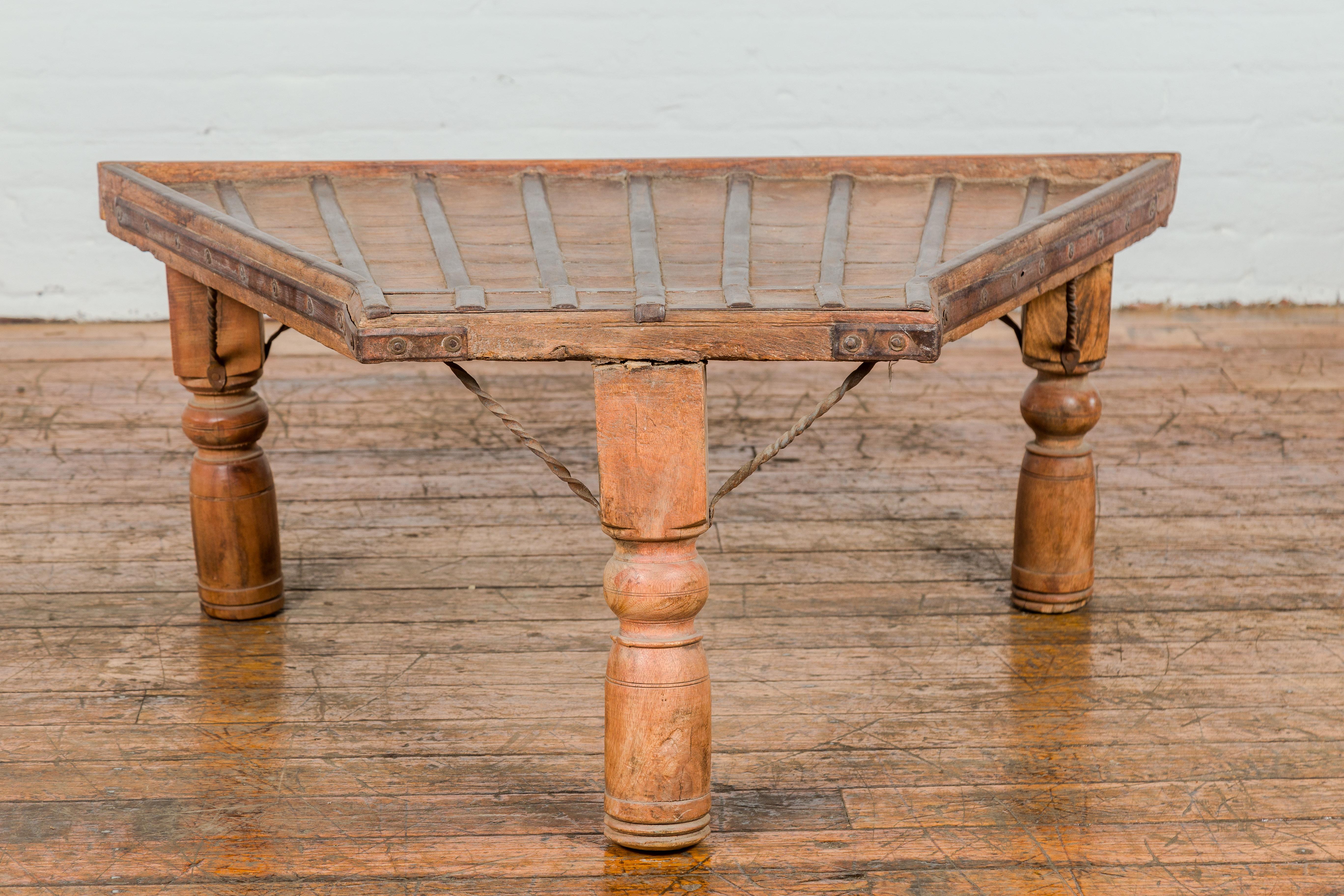 Indian 19th Century Bullock Cart Rustic Coffee Table with Twisted Iron Stretchers For Sale