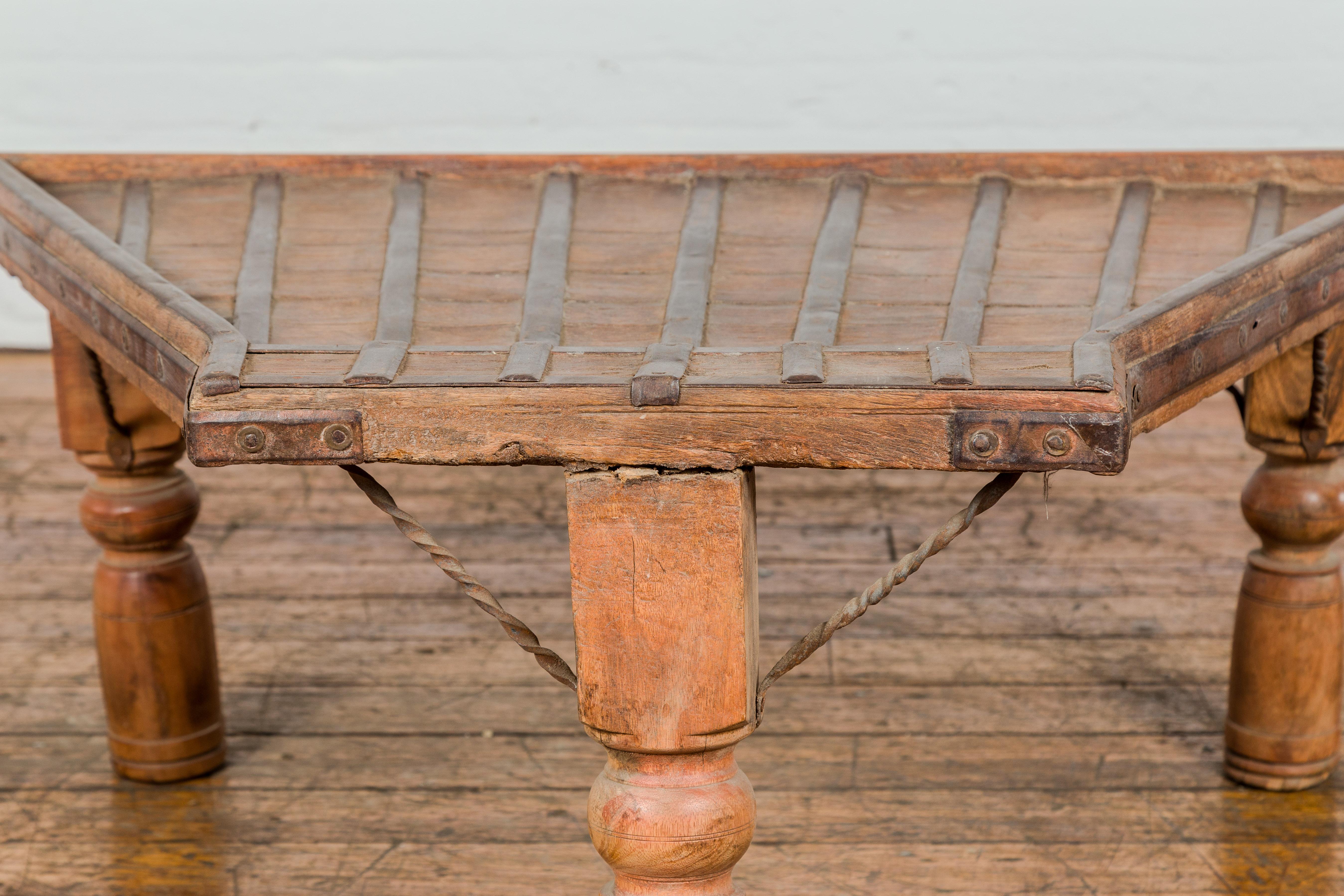19th Century Bullock Cart Rustic Coffee Table with Twisted Iron Stretchers In Good Condition For Sale In Yonkers, NY