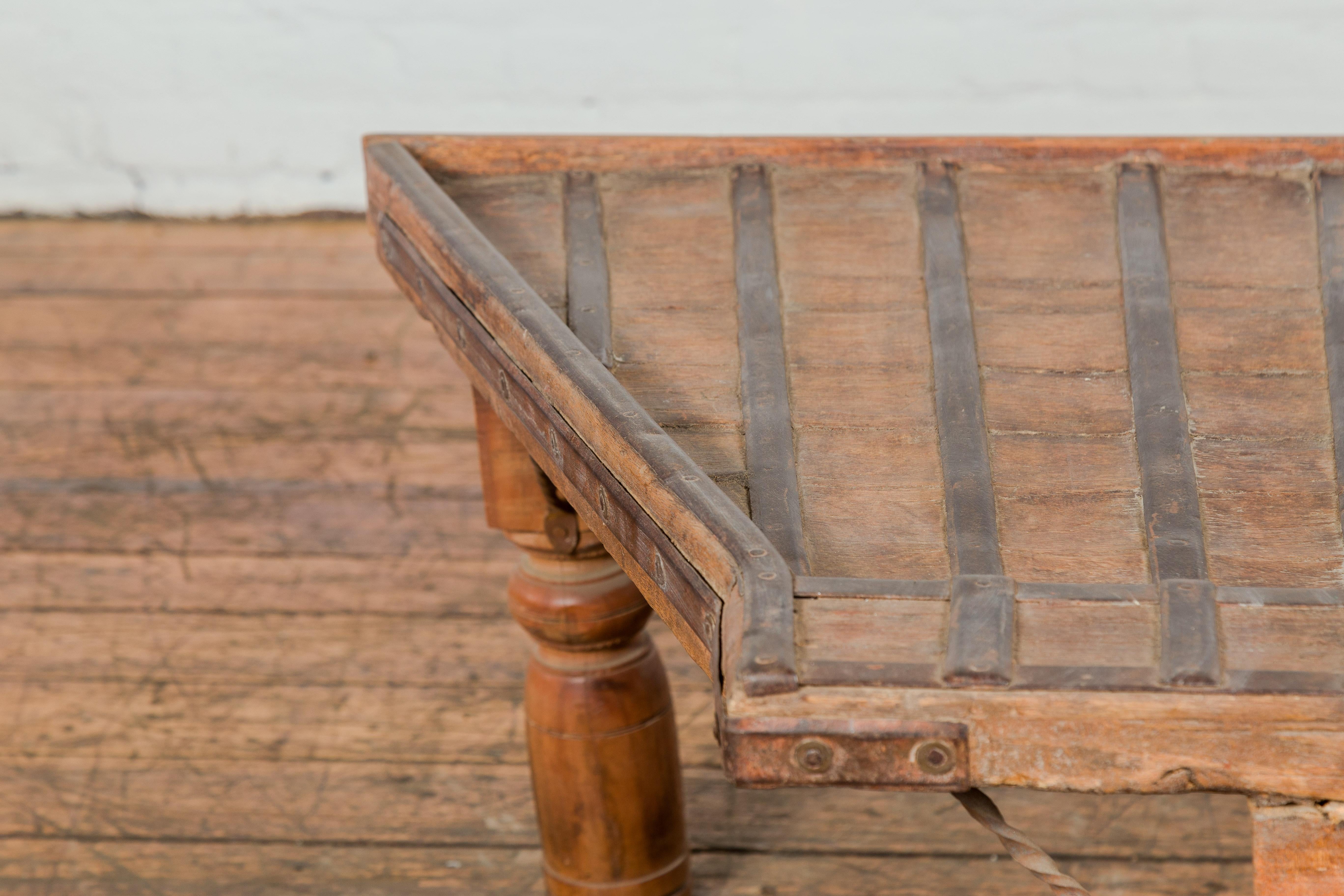 19th Century Bullock Cart Rustic Coffee Table with Twisted Iron Stretchers For Sale 1