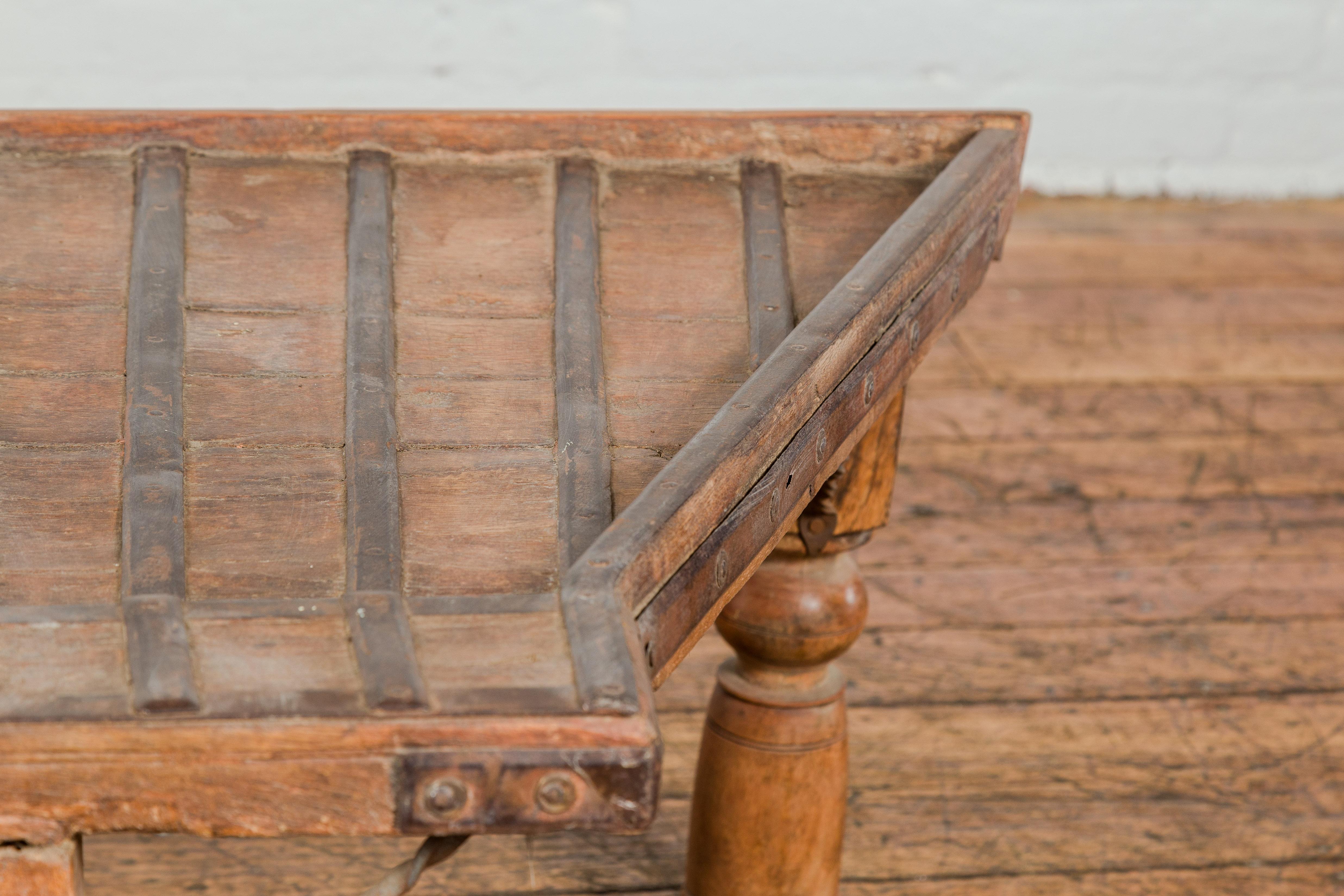 19th Century Bullock Cart Rustic Coffee Table with Twisted Iron Stretchers In Good Condition For Sale In Yonkers, NY