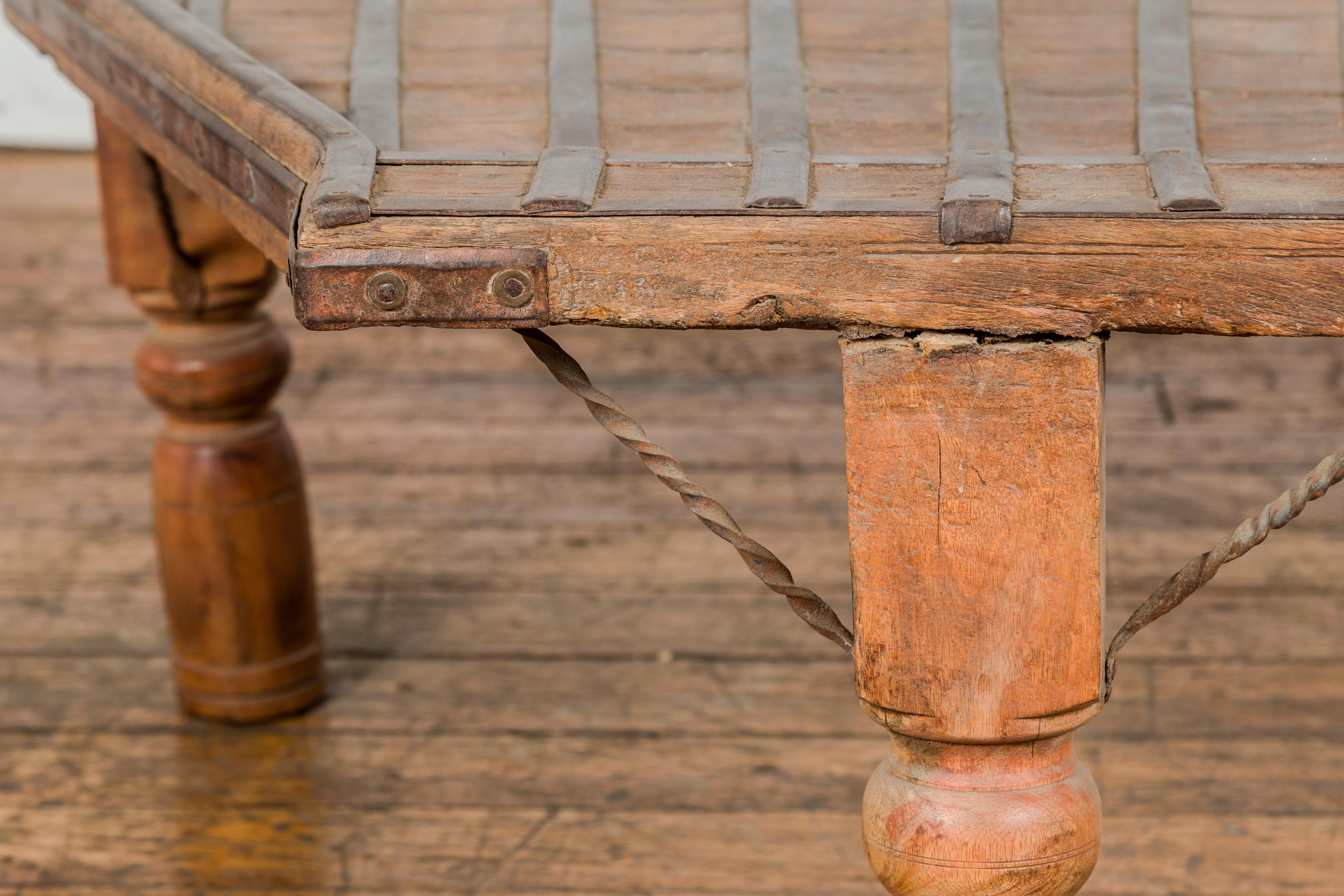 19th Century Bullock Cart Rustic Coffee Table with Twisted Iron Stretchers For Sale 3