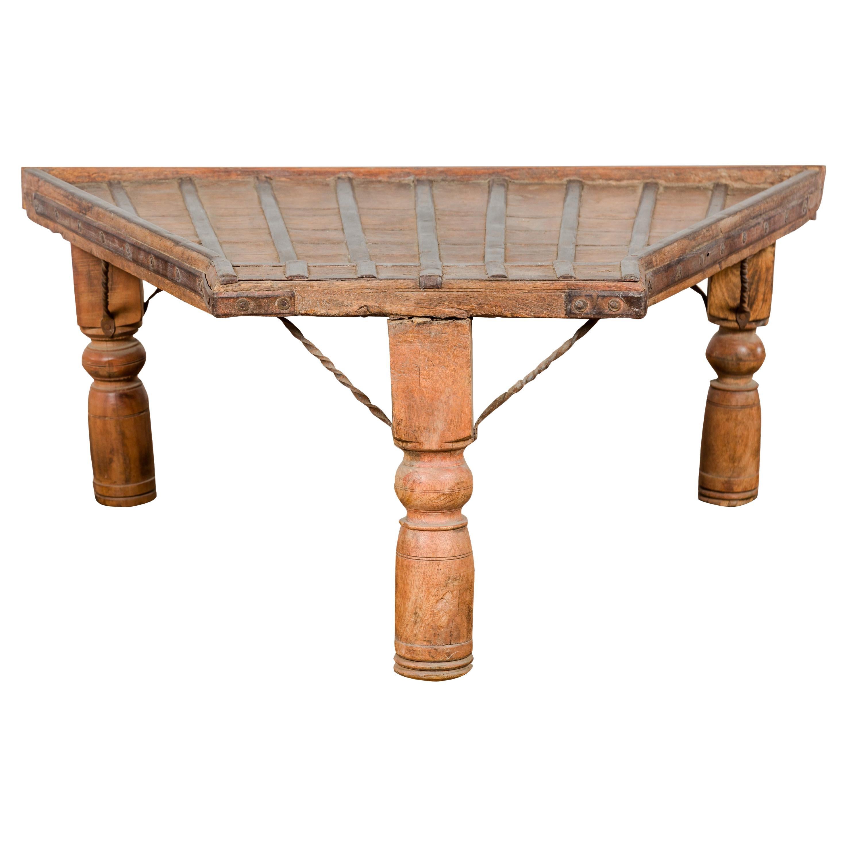 19th Century Bullock Cart Rustic Coffee Table with Twisted Iron Stretchers For Sale