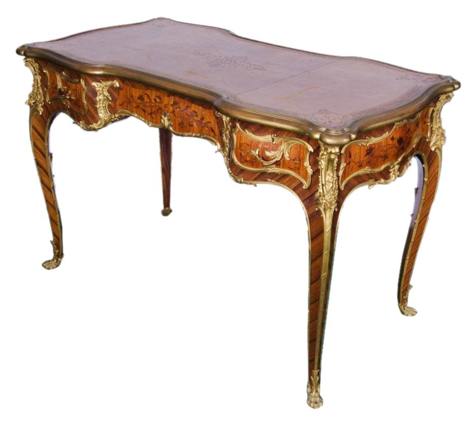 A fine quality French kingwood and marquetry, ormolu-mounted Bureau plat, signed Linke.
Having three frieze drawers to one side, dummy drawers to the reverse, inset Moroccan leather top and raised on cabriole legs.