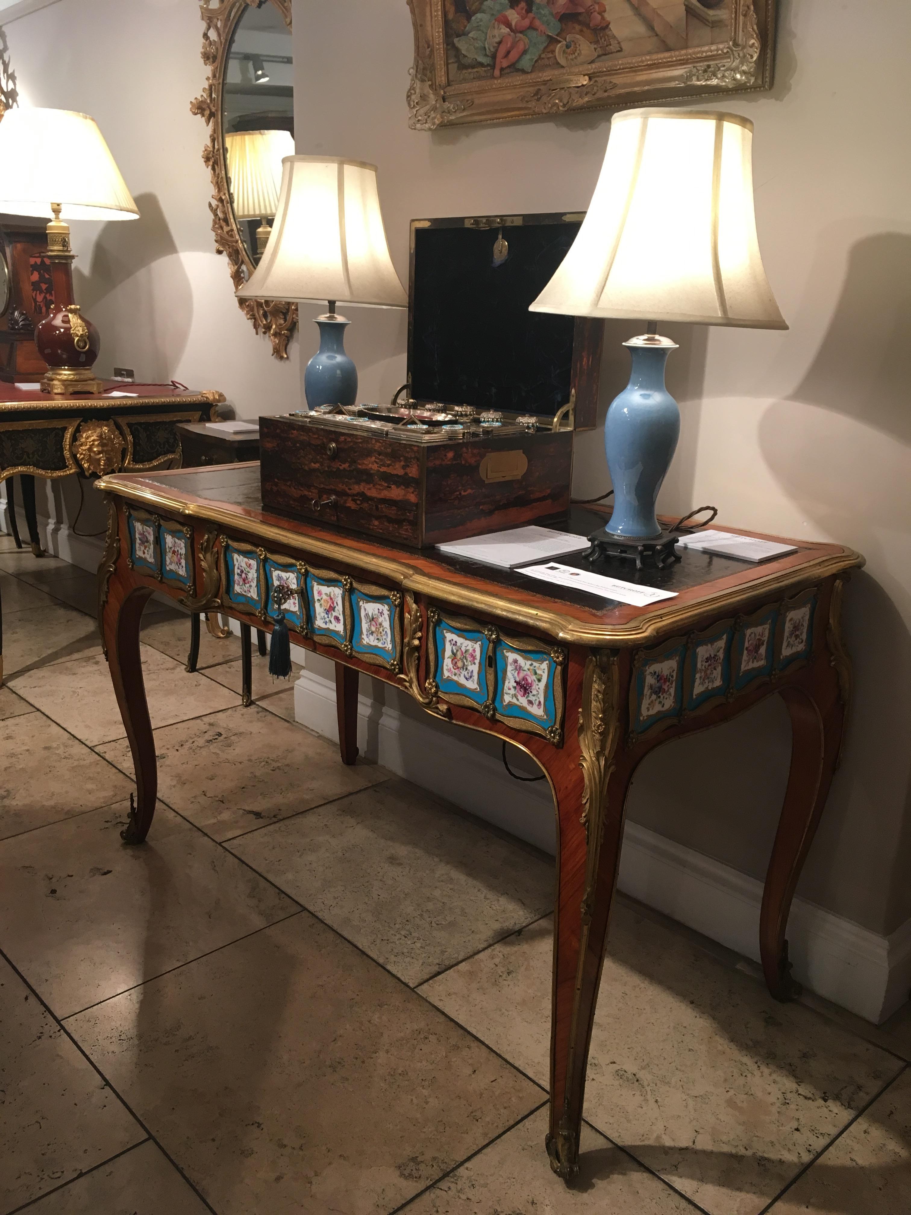 Metalwork 19th Century Bureau Plat with Floral and Blue Porcelain Plaques  For Sale