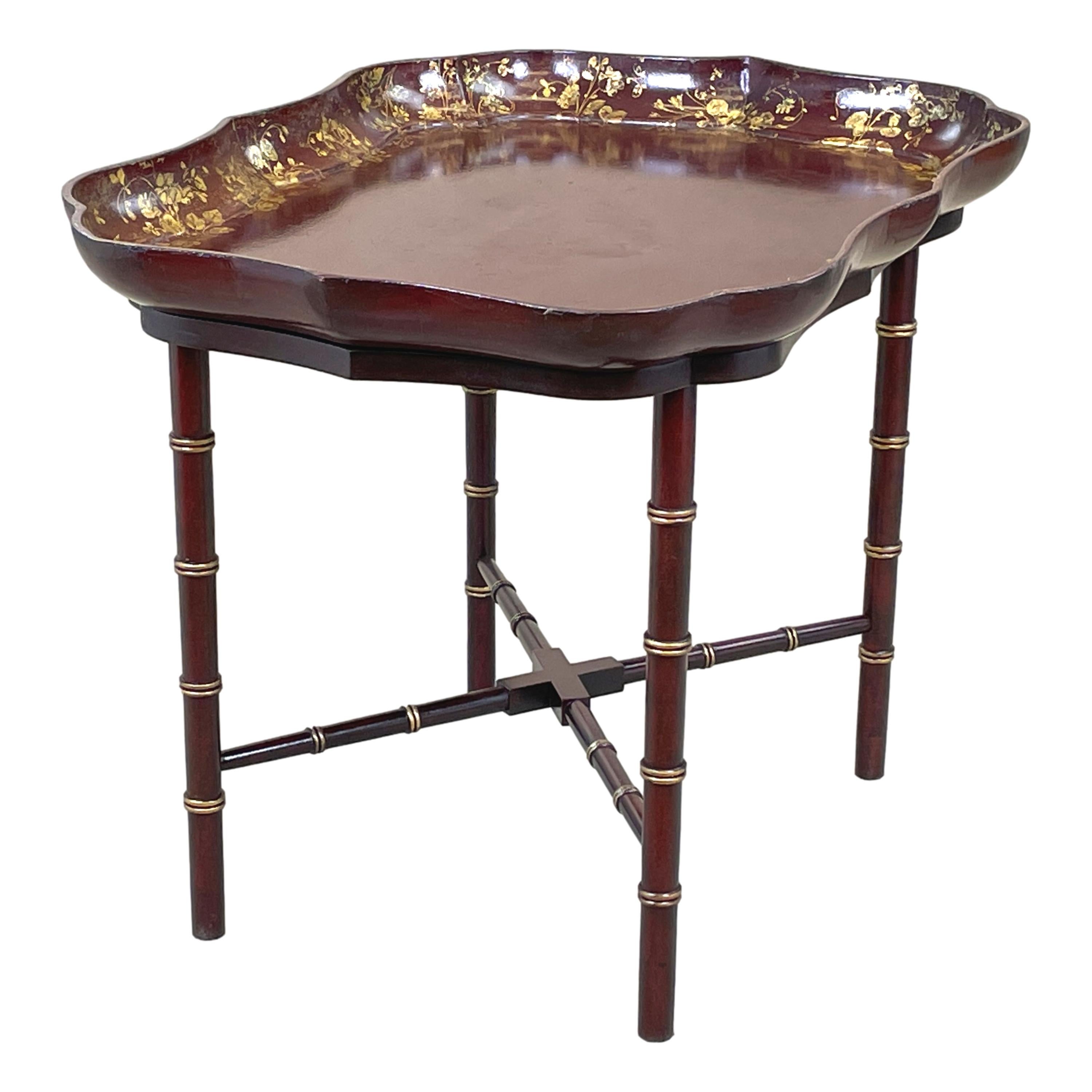 English 19th Century Burgundy Papier Mâché Tray on Stand