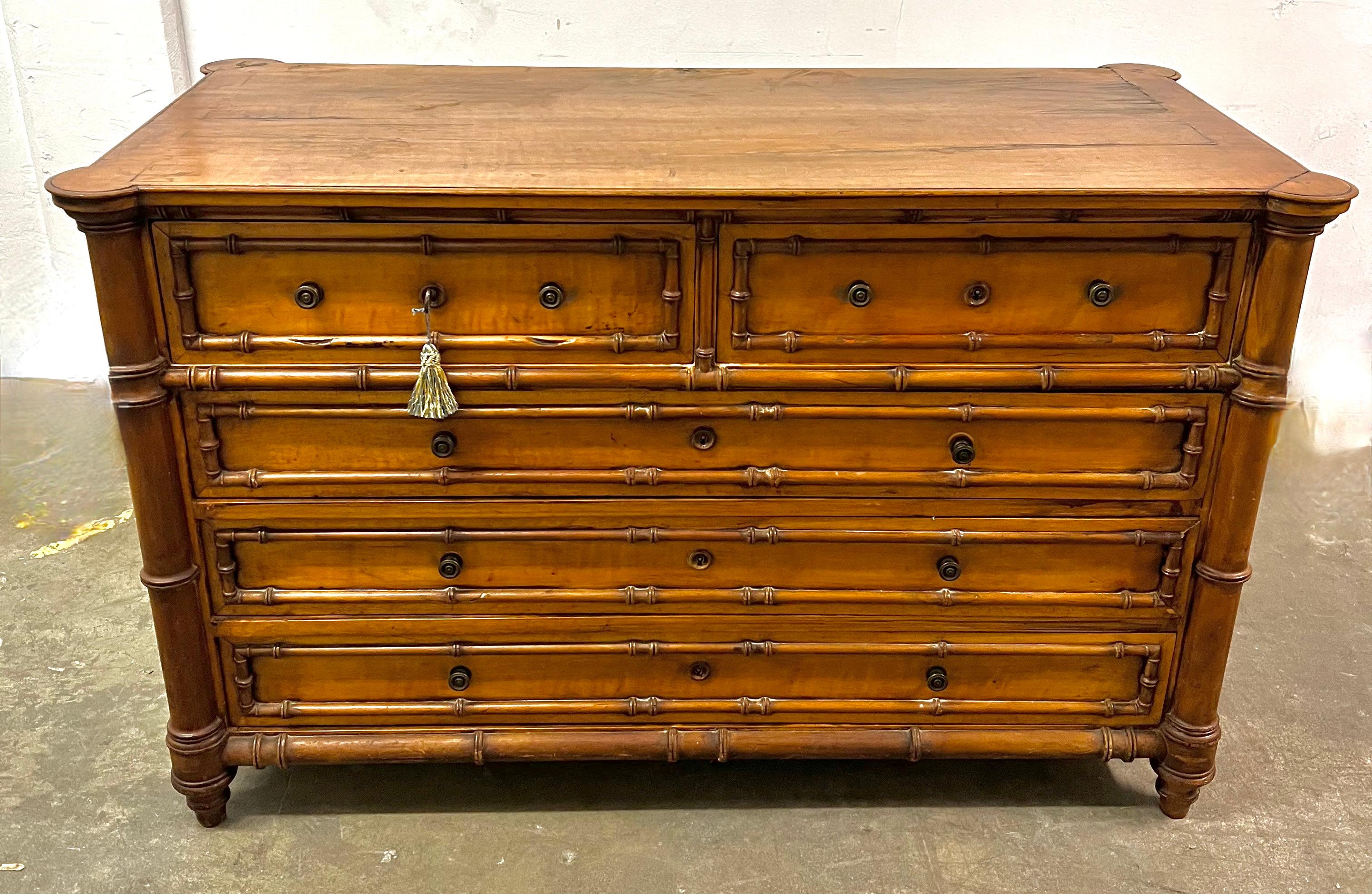 19th Century Burl Faux Bamboo Chest Drawers  13