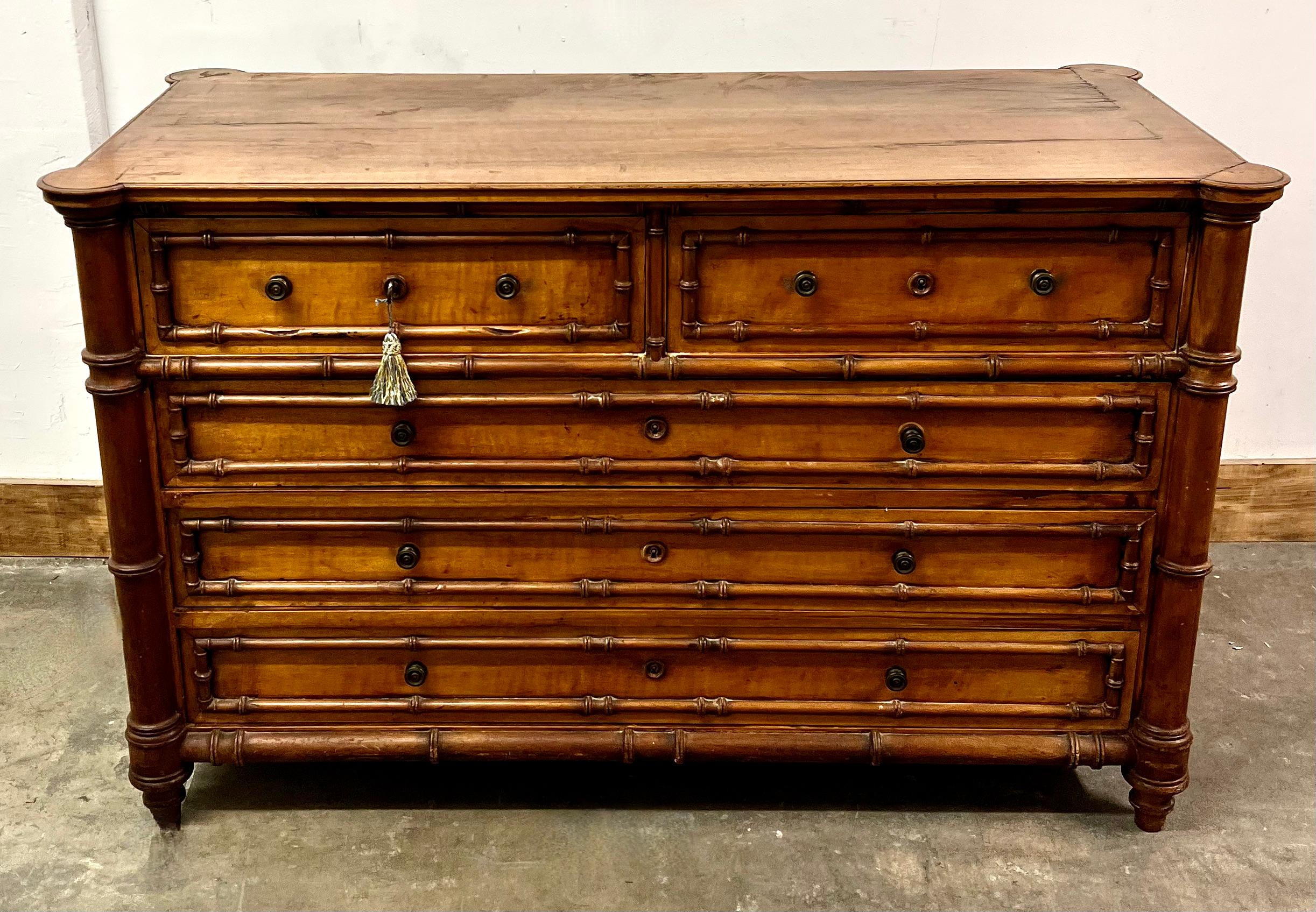 19th Century Burl Faux Bamboo Chest Drawers  14