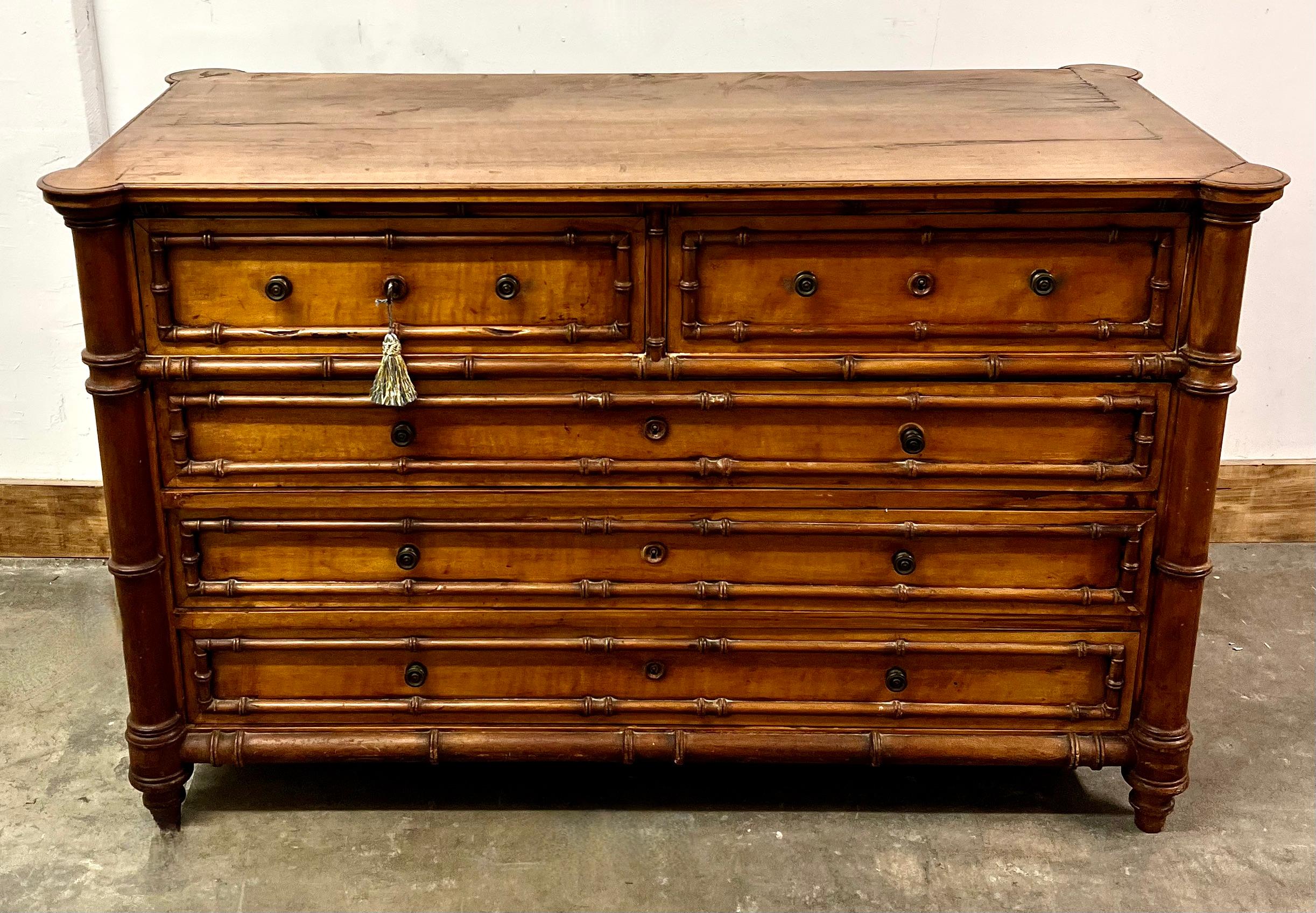 19th Century Burl Faux Bamboo Chest Drawers 14