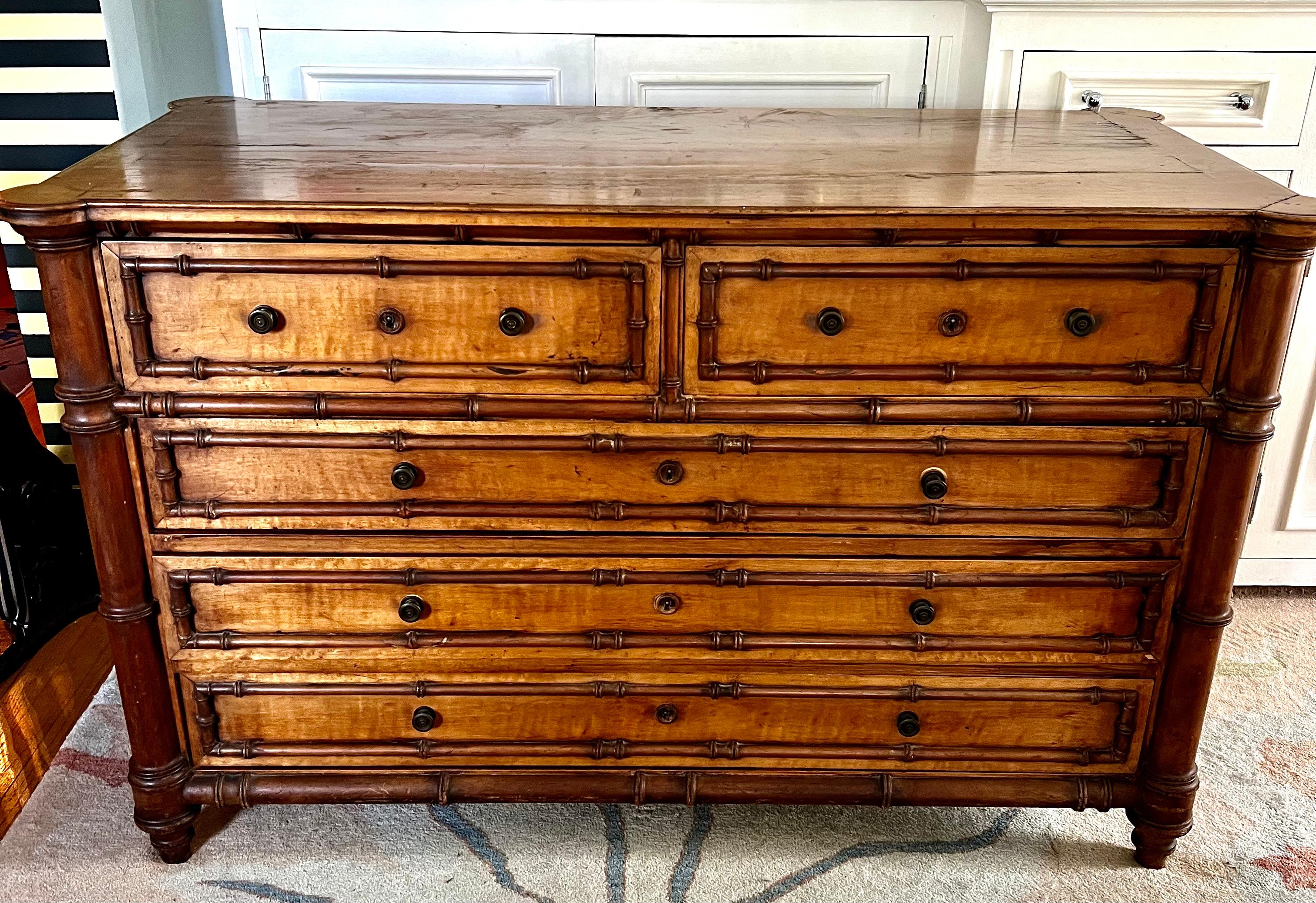 British Colonial 19th Century Burl Faux Bamboo Chest Drawers 