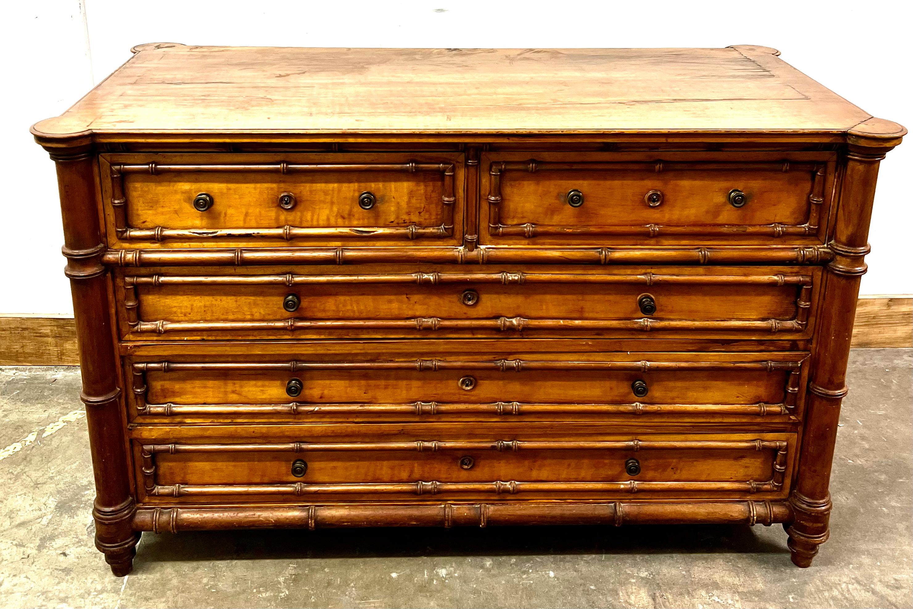 19th Century Burl Faux Bamboo Chest Drawers  15