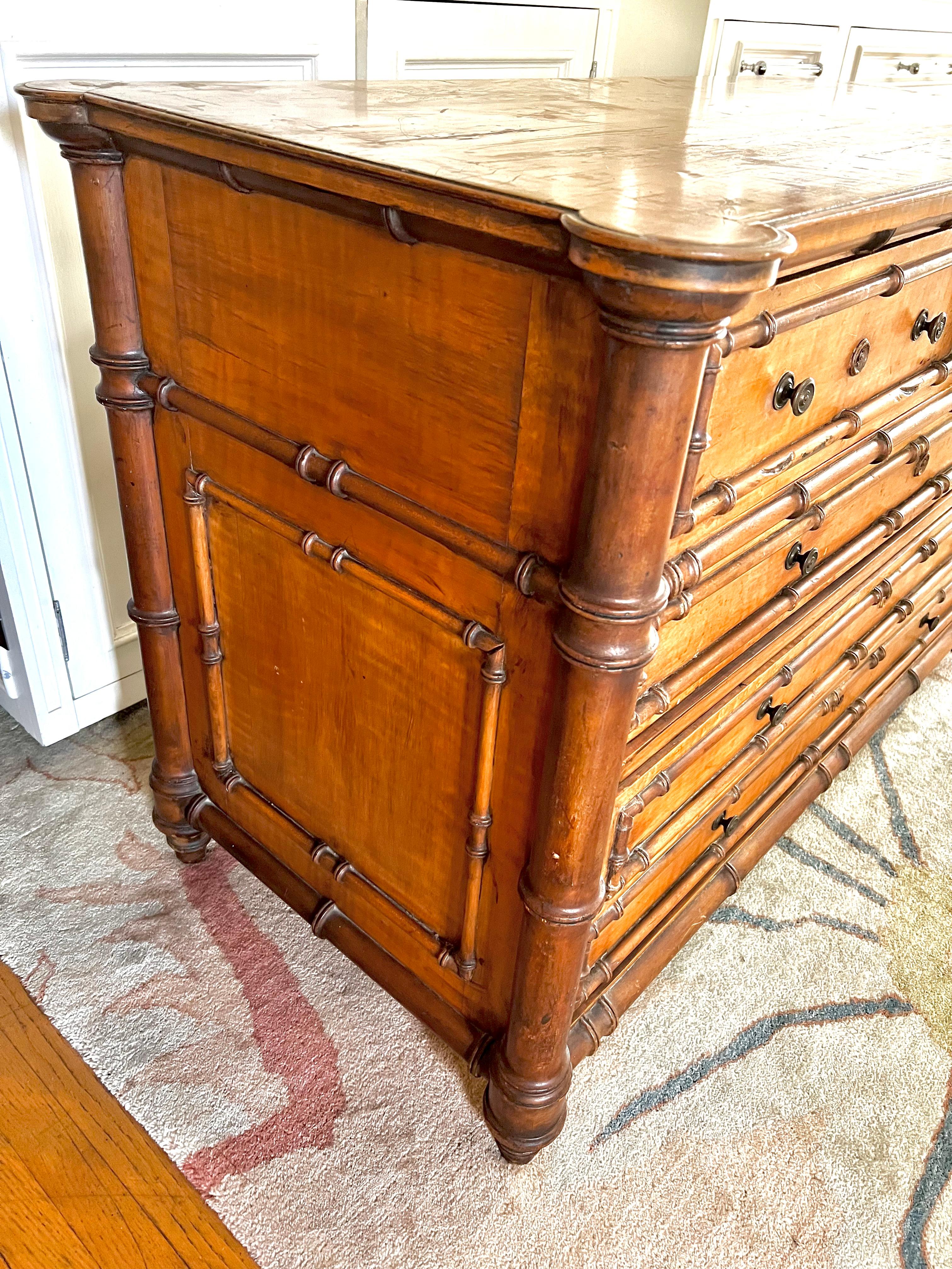 Hand-Crafted 19th Century Burl Faux Bamboo Chest Drawers 