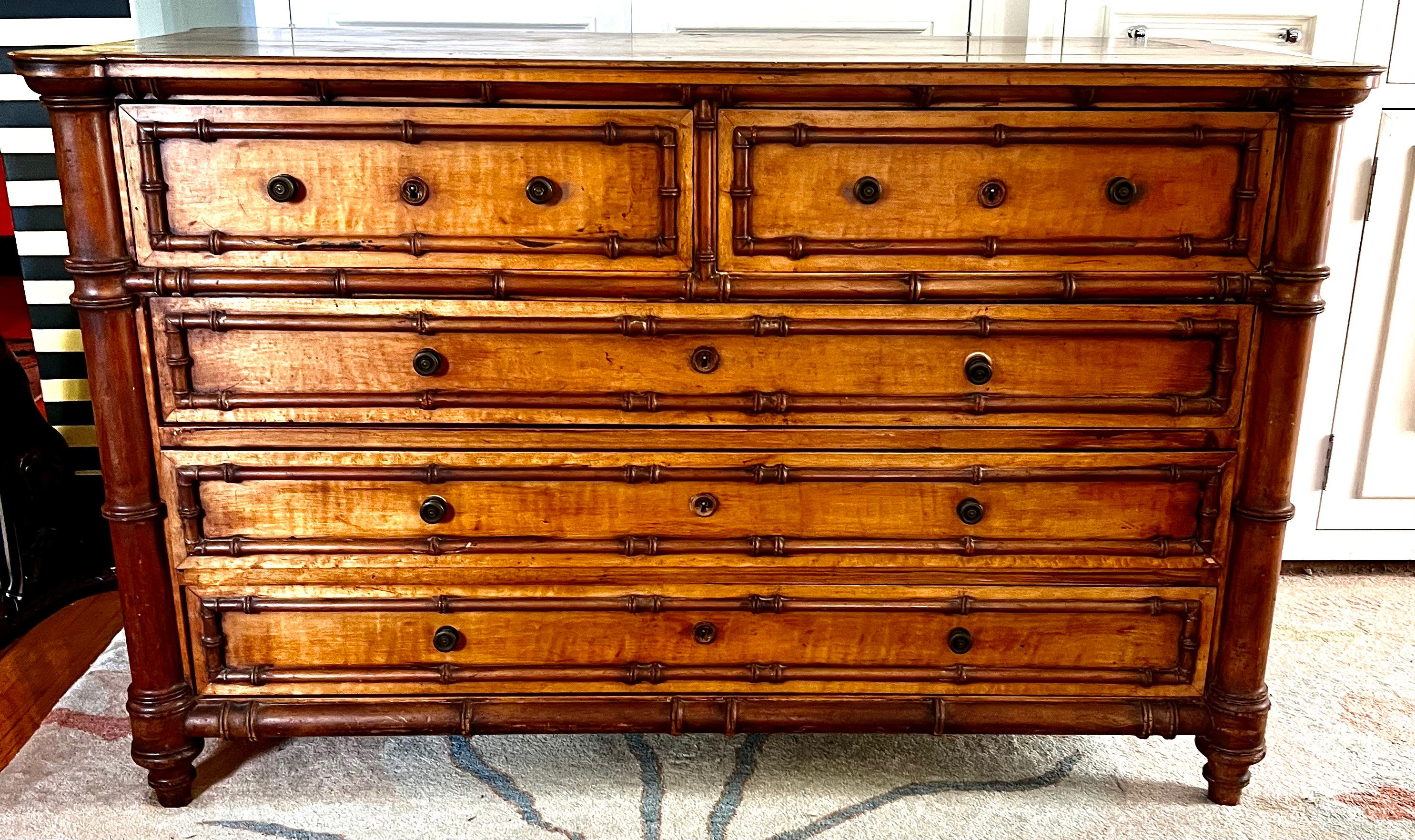 19th Century Burl Faux Bamboo Chest Drawers 4