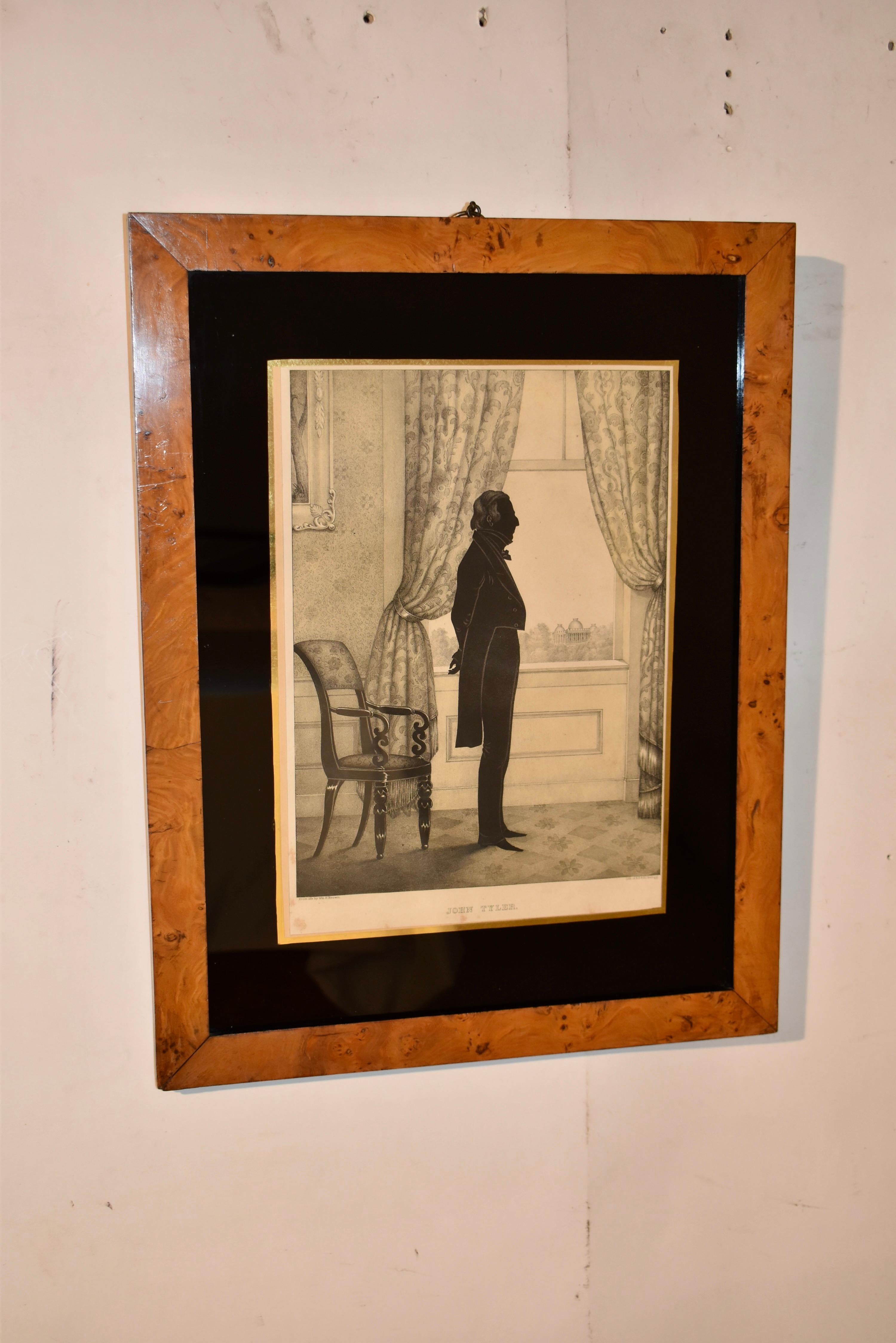 Américain Lithographie de John Tyler encadrée de broussin du 19e siècle en vente