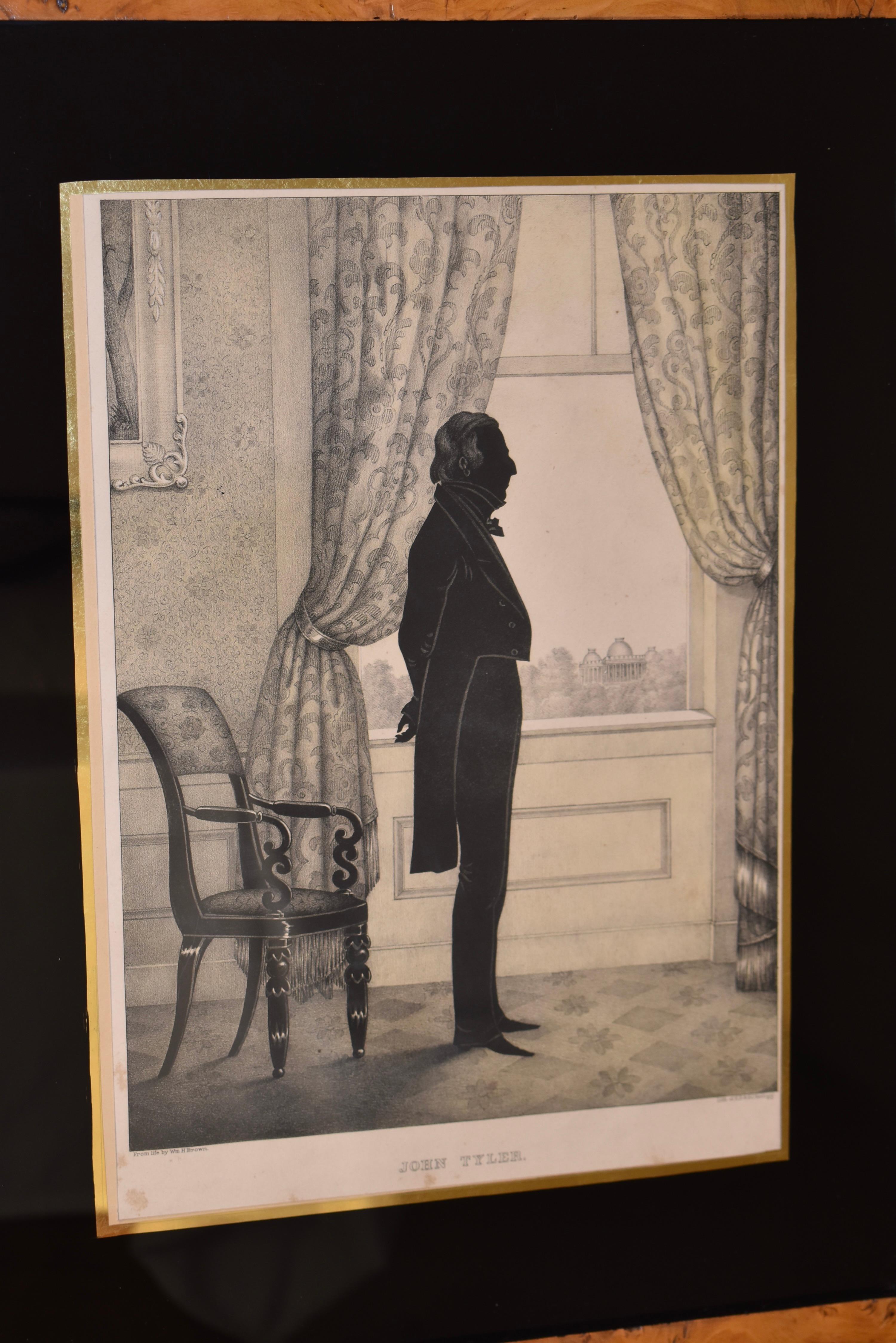 XIXe siècle Lithographie de John Tyler encadrée de broussin du 19e siècle en vente