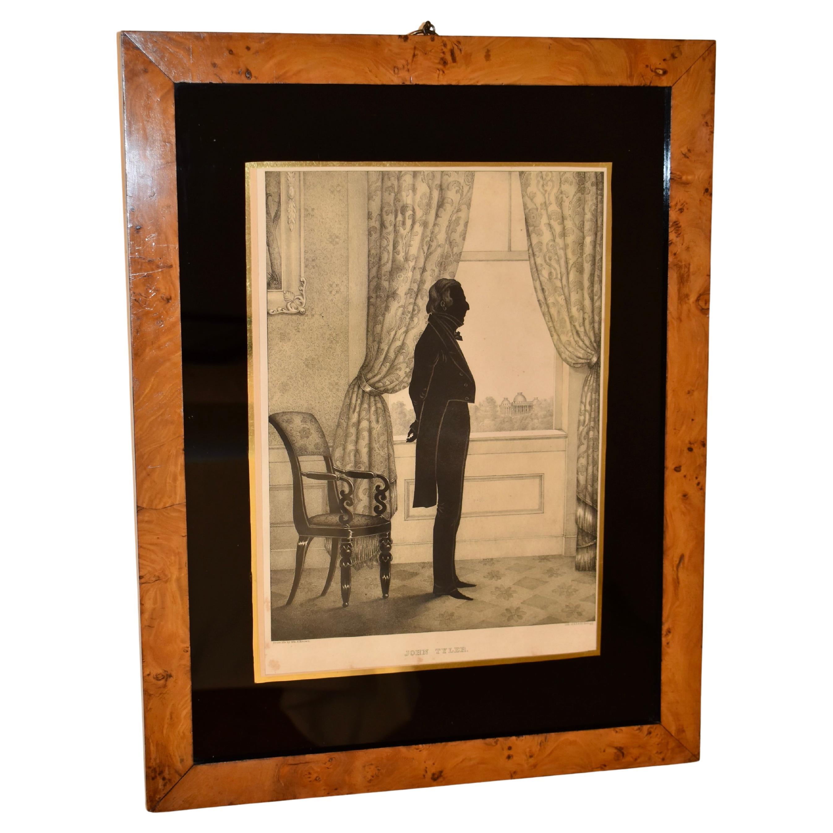 19th Century Burl Framed Lithograph of John Tyler