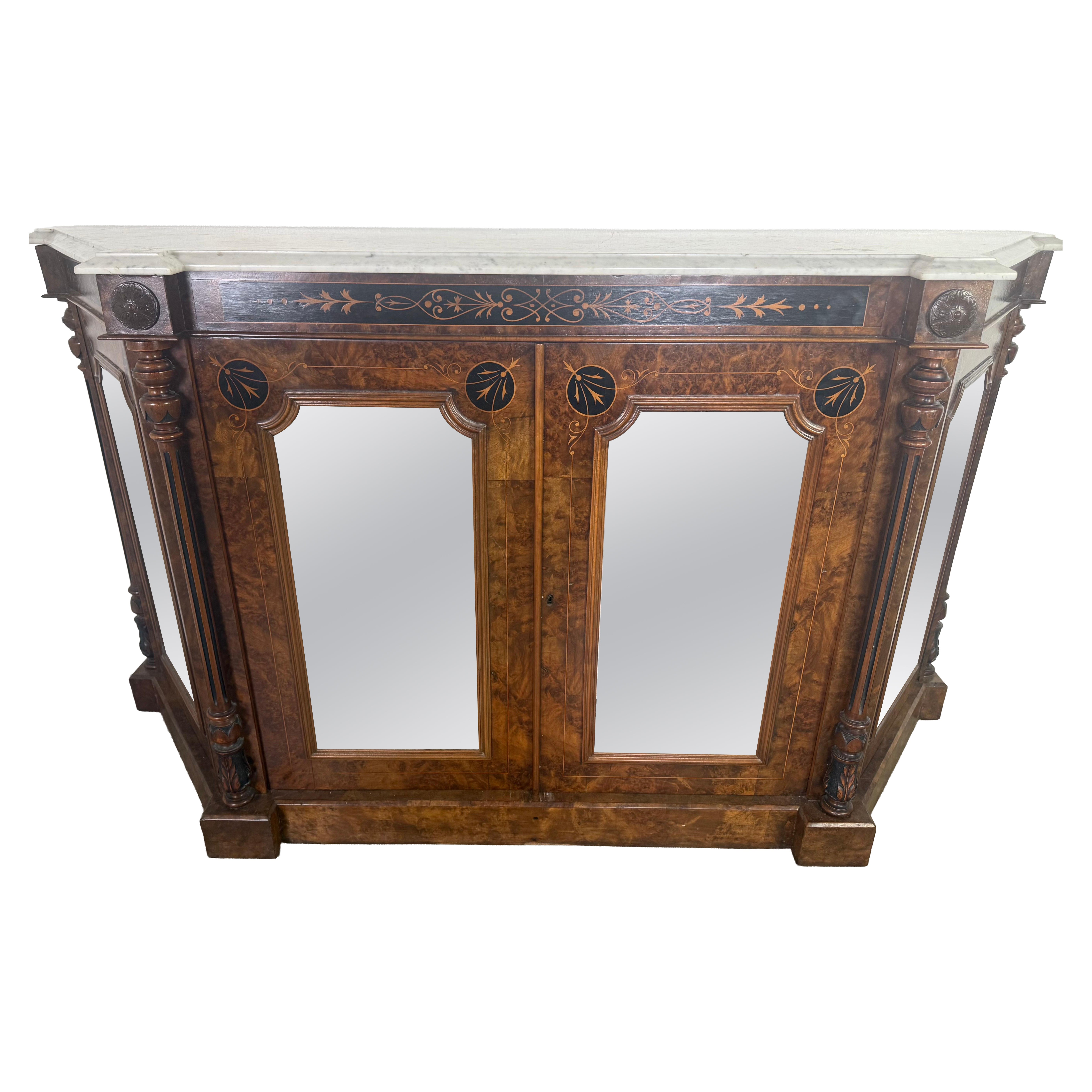 19th Century Burl Walnut and Marble-Top Mirrored Sideboard with Ebony Inlay