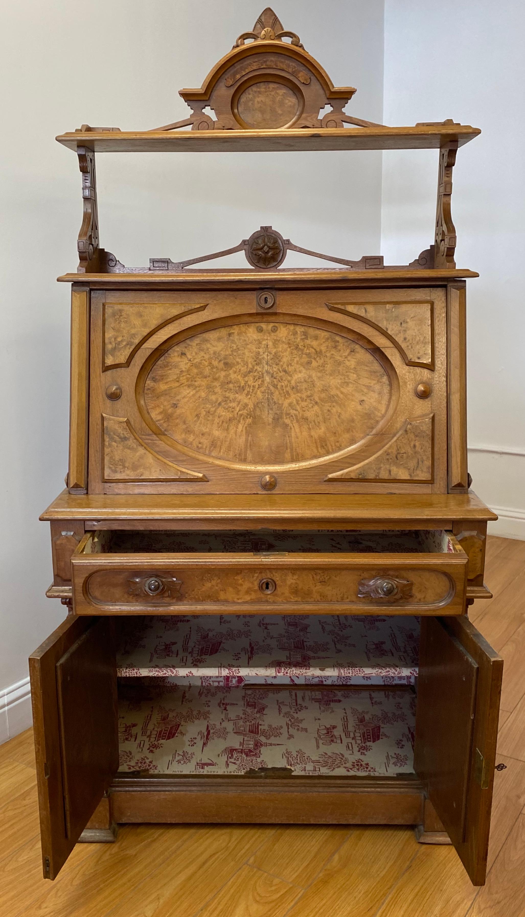 19th Century Burl Walnut Drop Front Bureau, C.1890 2