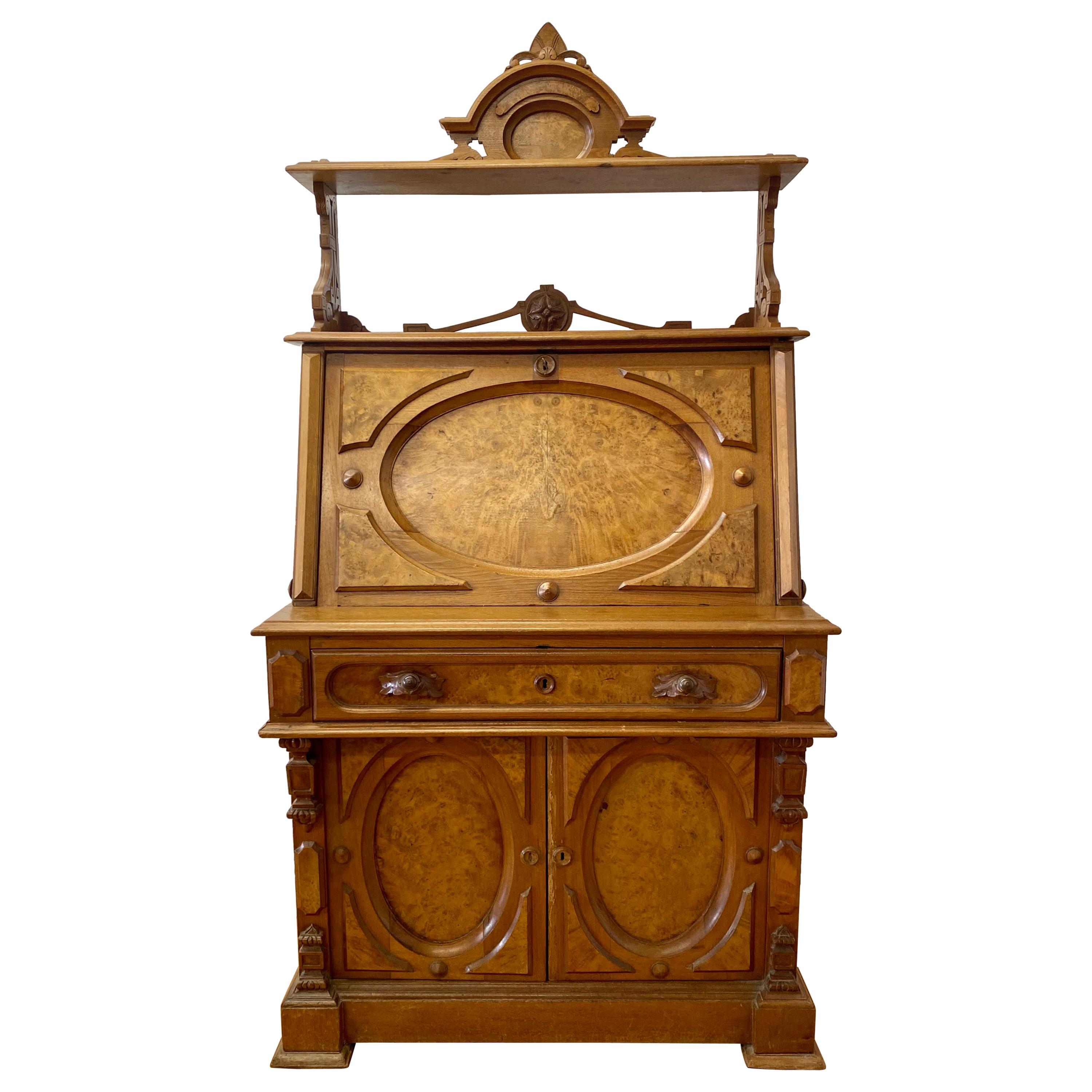 19th Century Burl Walnut Drop Front Bureau, C.1890