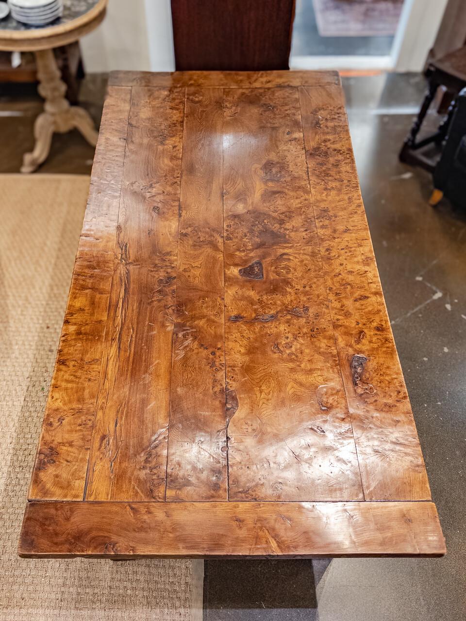 Country 19th Century Burl Walnut French Farm Table For Sale
