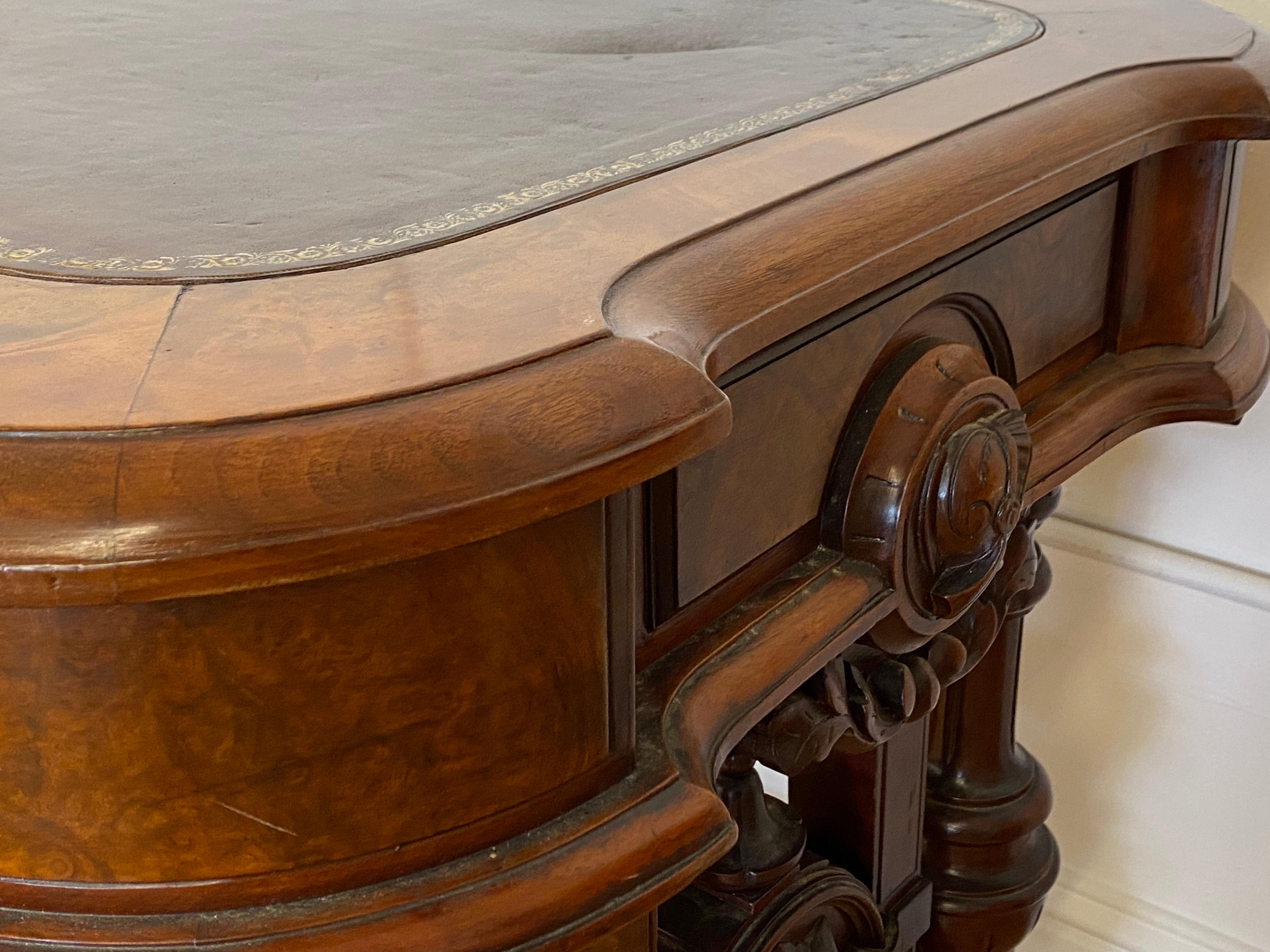 19th Century Burl Walnut & Leather Top Desk 5