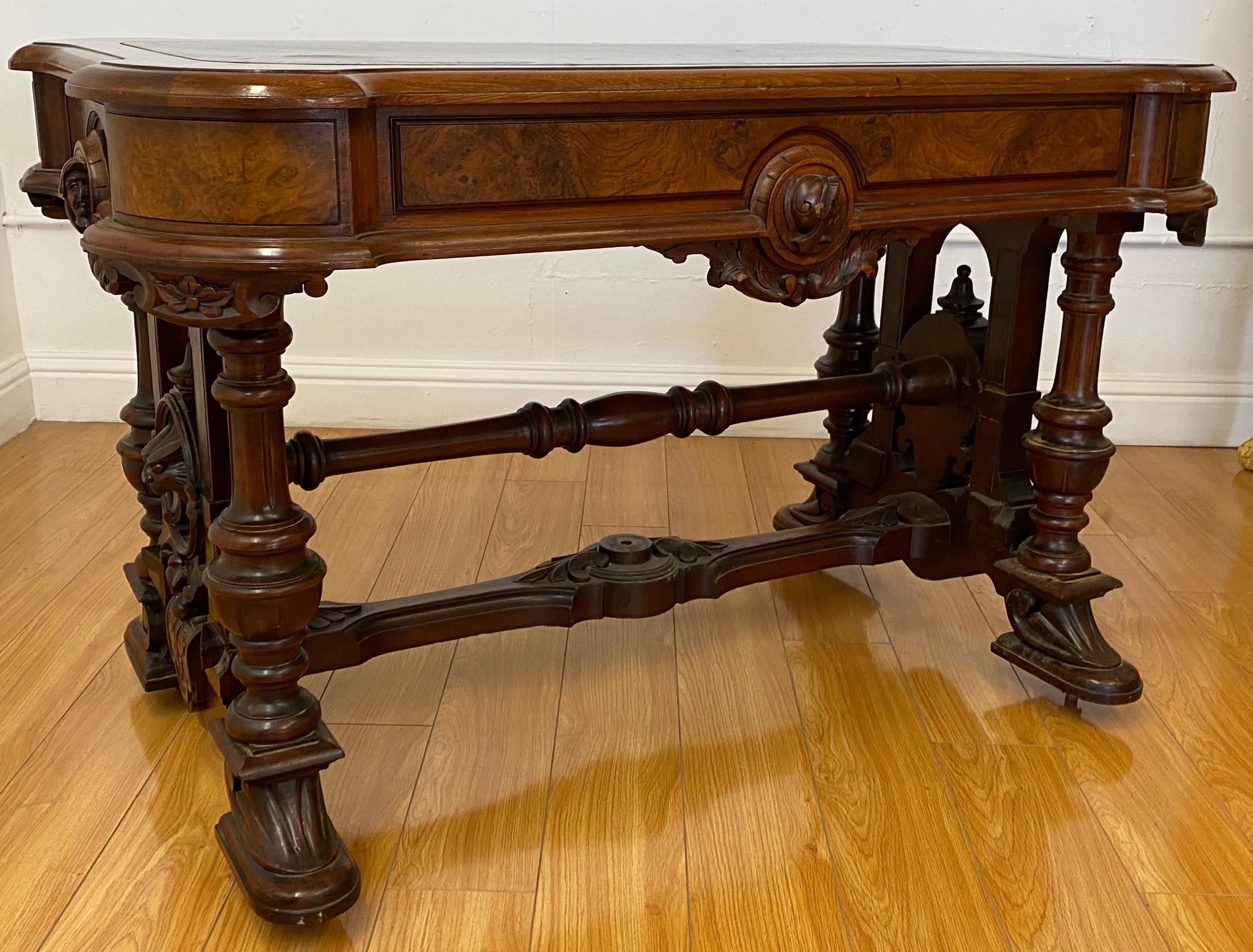 19th Century Burl Walnut & Leather Top Desk 8