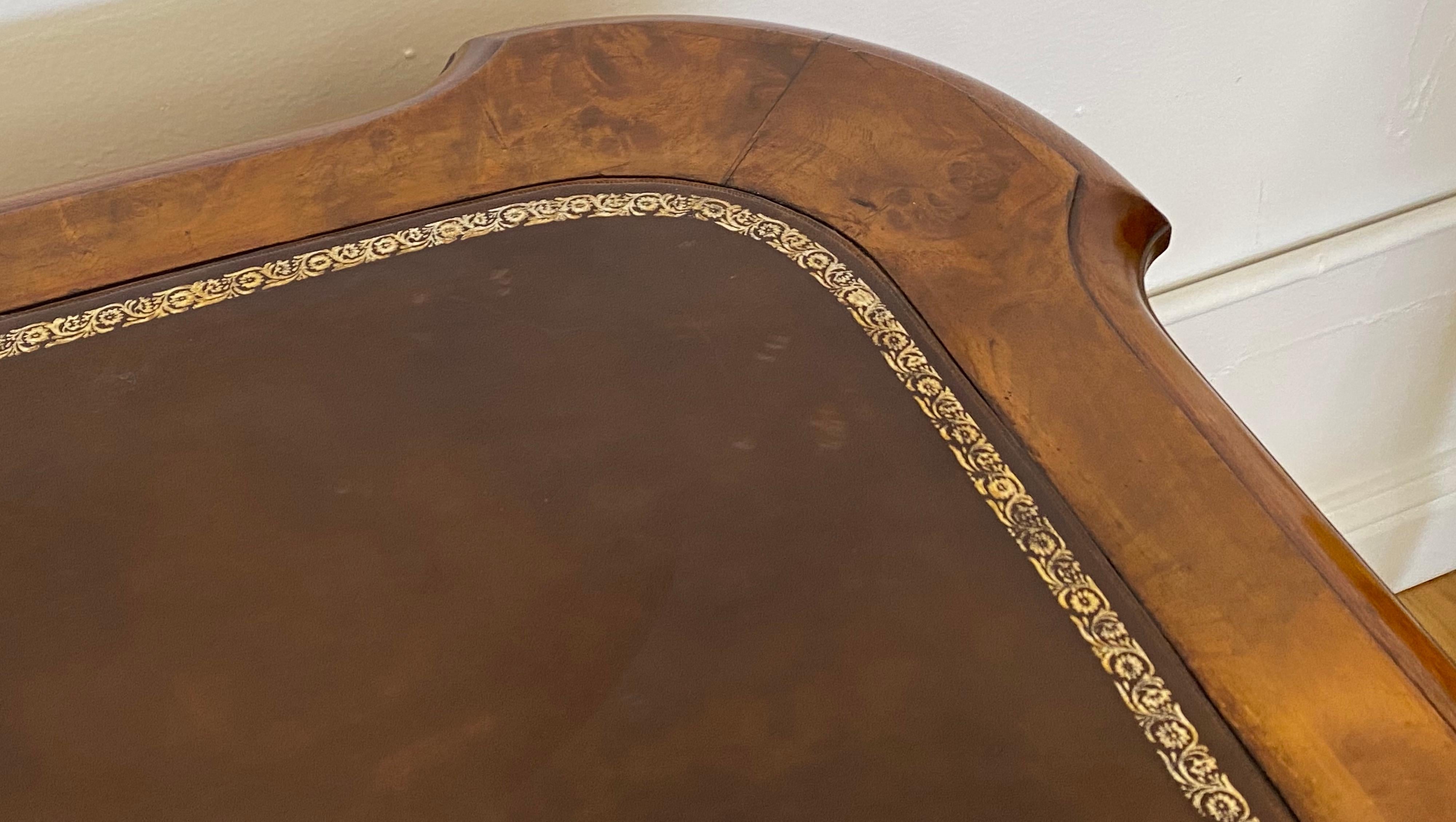 Hand-Carved 19th Century Burl Walnut & Leather Top Desk