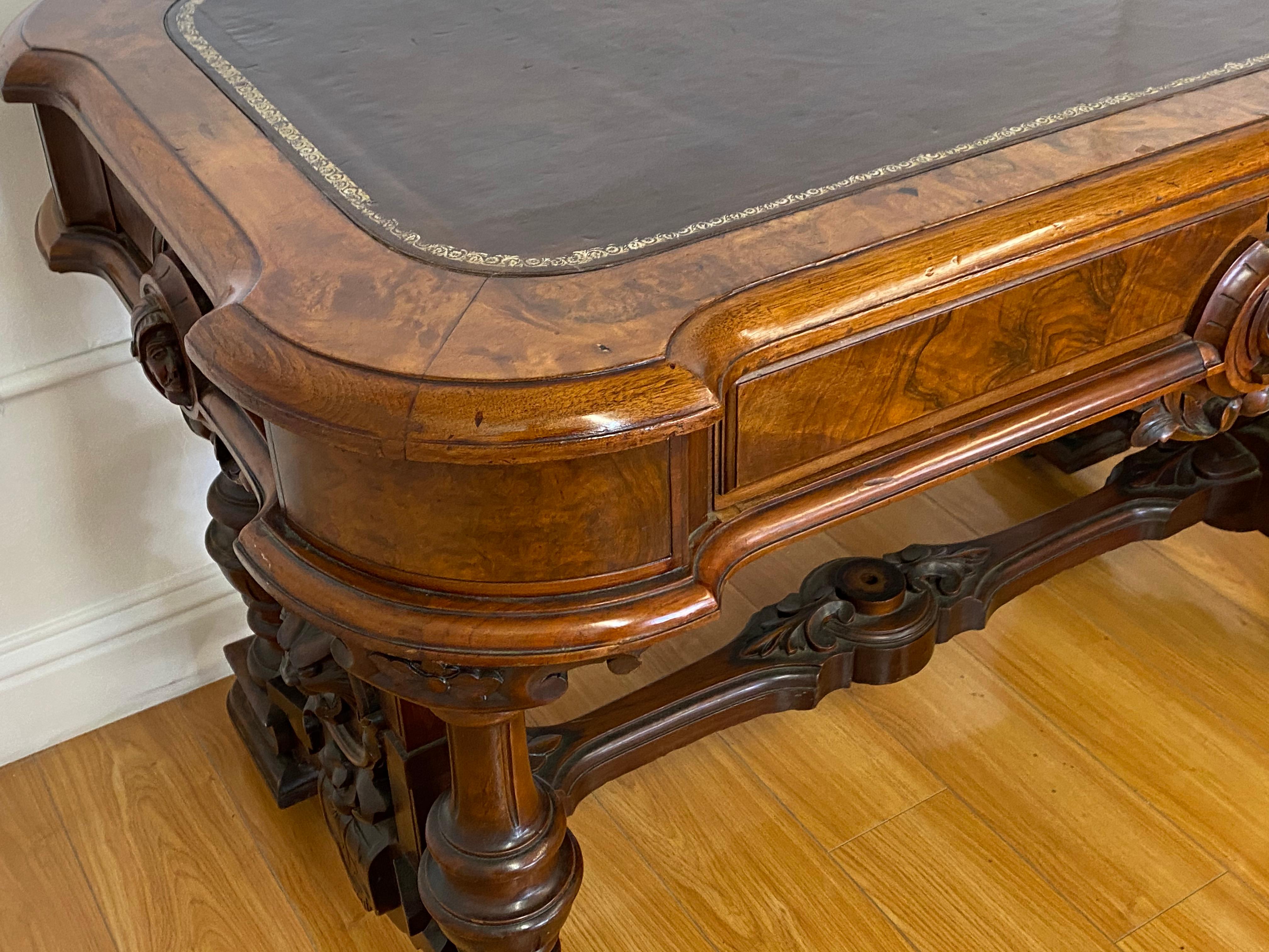 19th Century Burl Walnut & Leather Top Desk 1