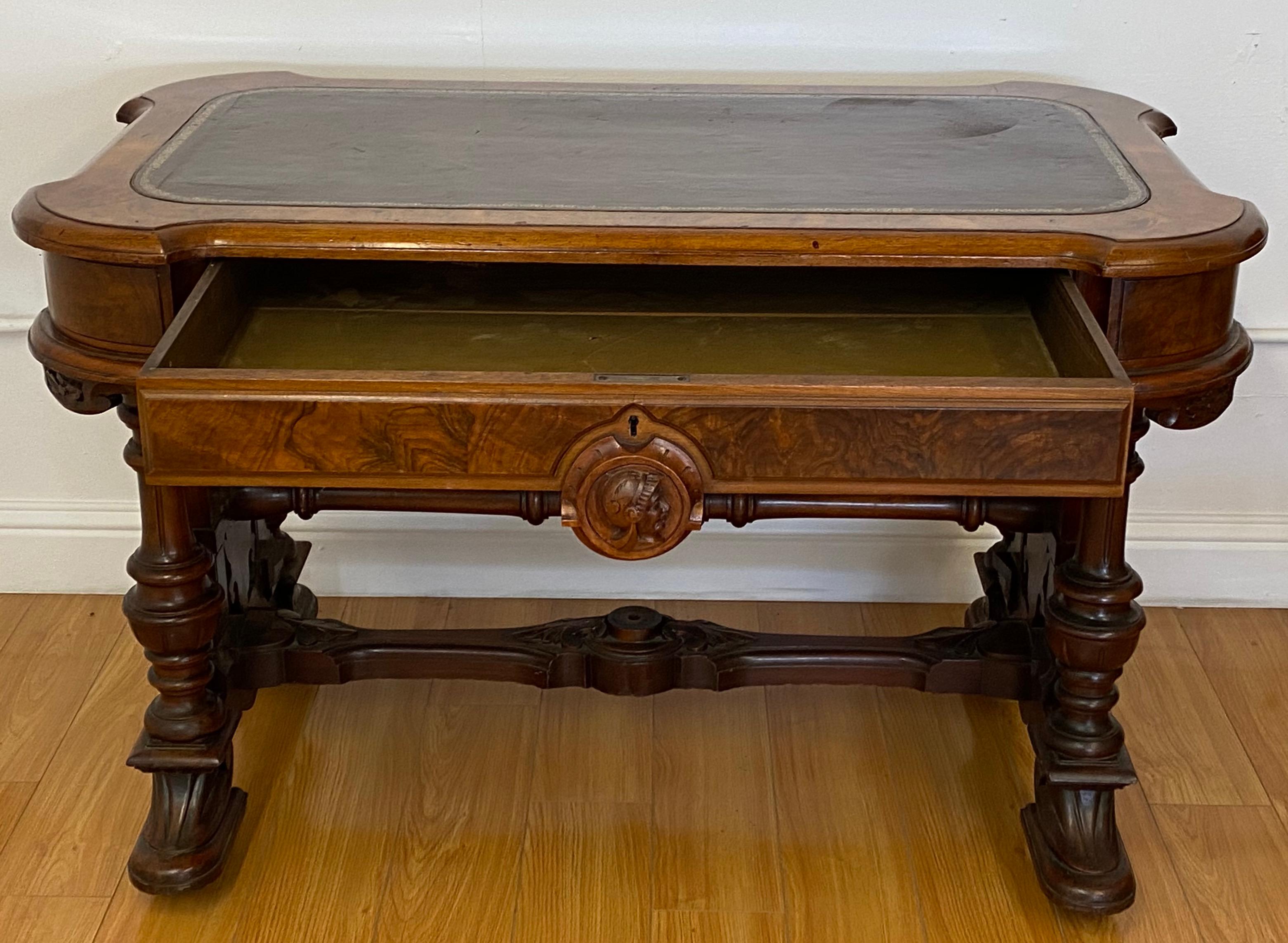 19th Century Burl Walnut & Leather Top Desk 2
