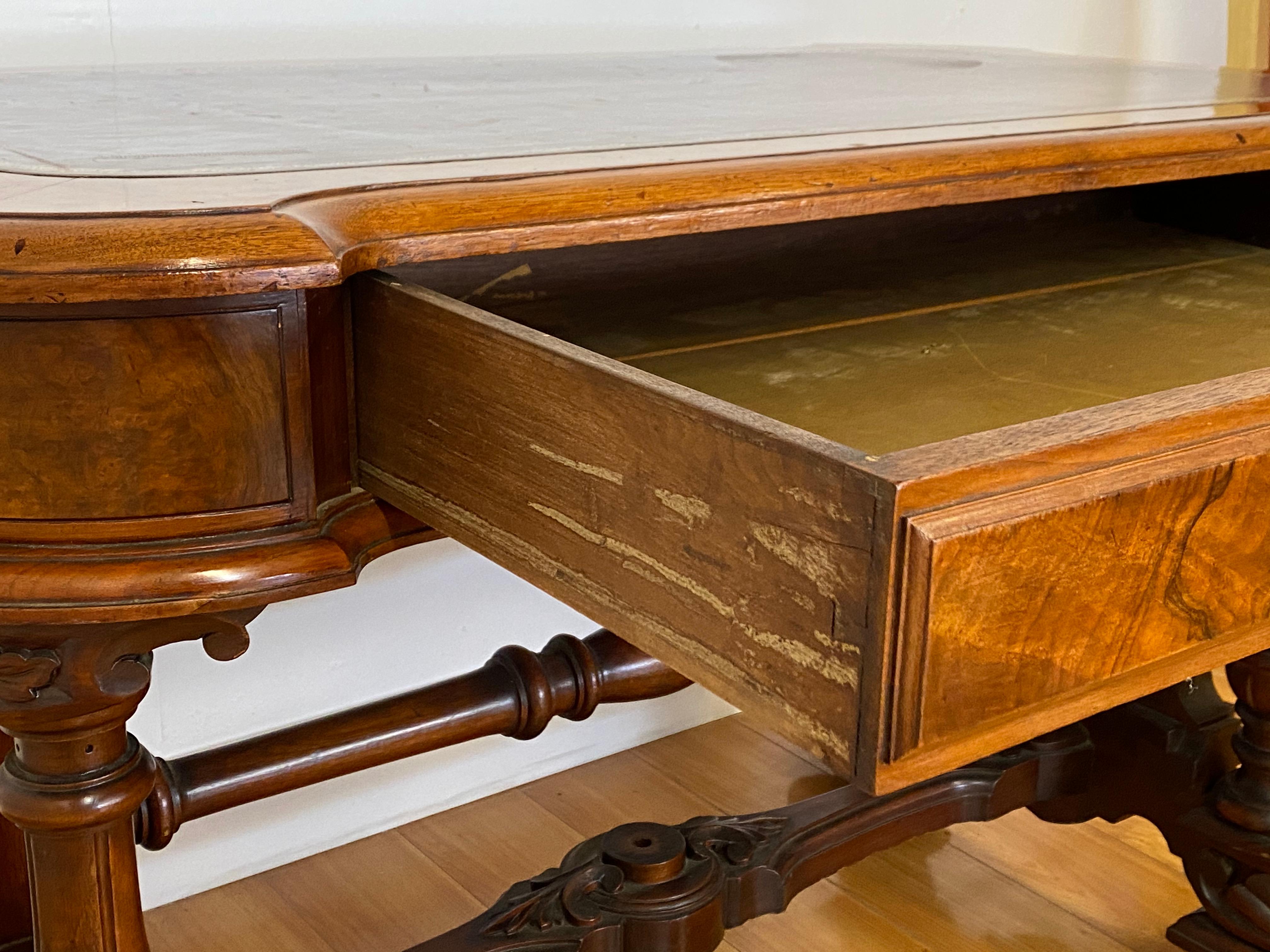 19th Century Burl Walnut & Leather Top Desk 3