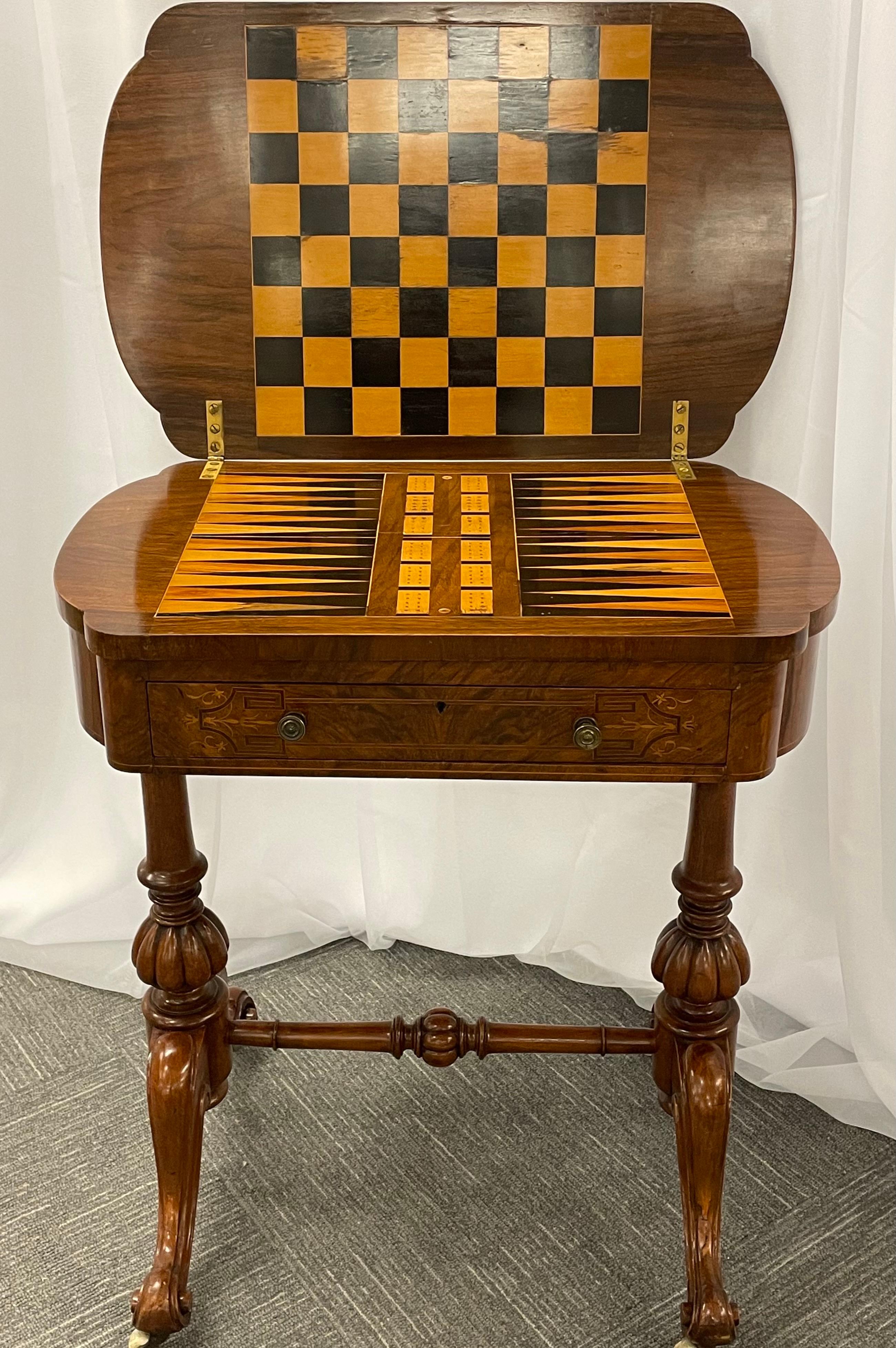 19th Century Burl Wood Chess, Checker, Backgammon & Domino Card Game Table 