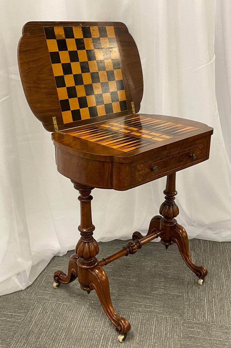 19th Century Burl Wood Chess, Checker, Backgammon & Domino Card Game Table  For Sale 1